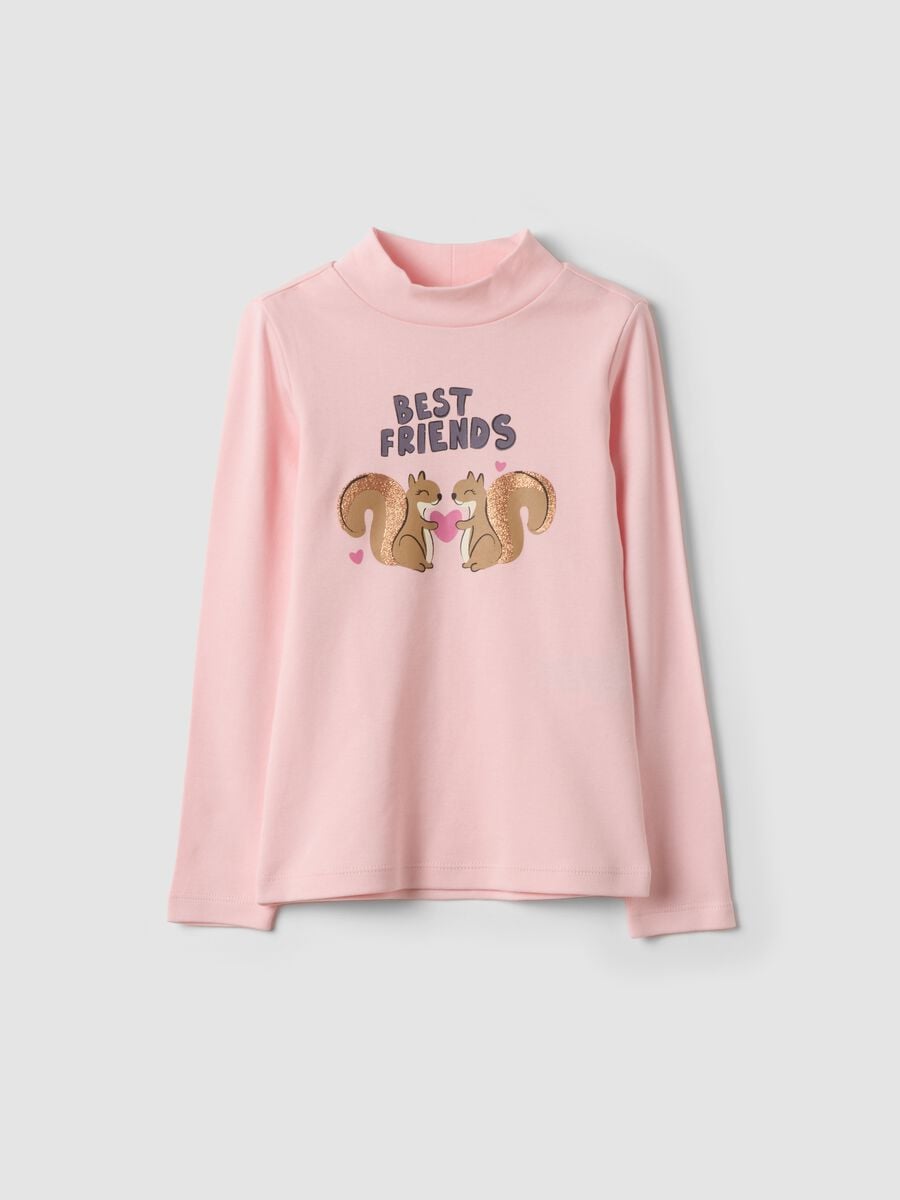 Pink organic cotton T-shirt with raised neck and animal print_0