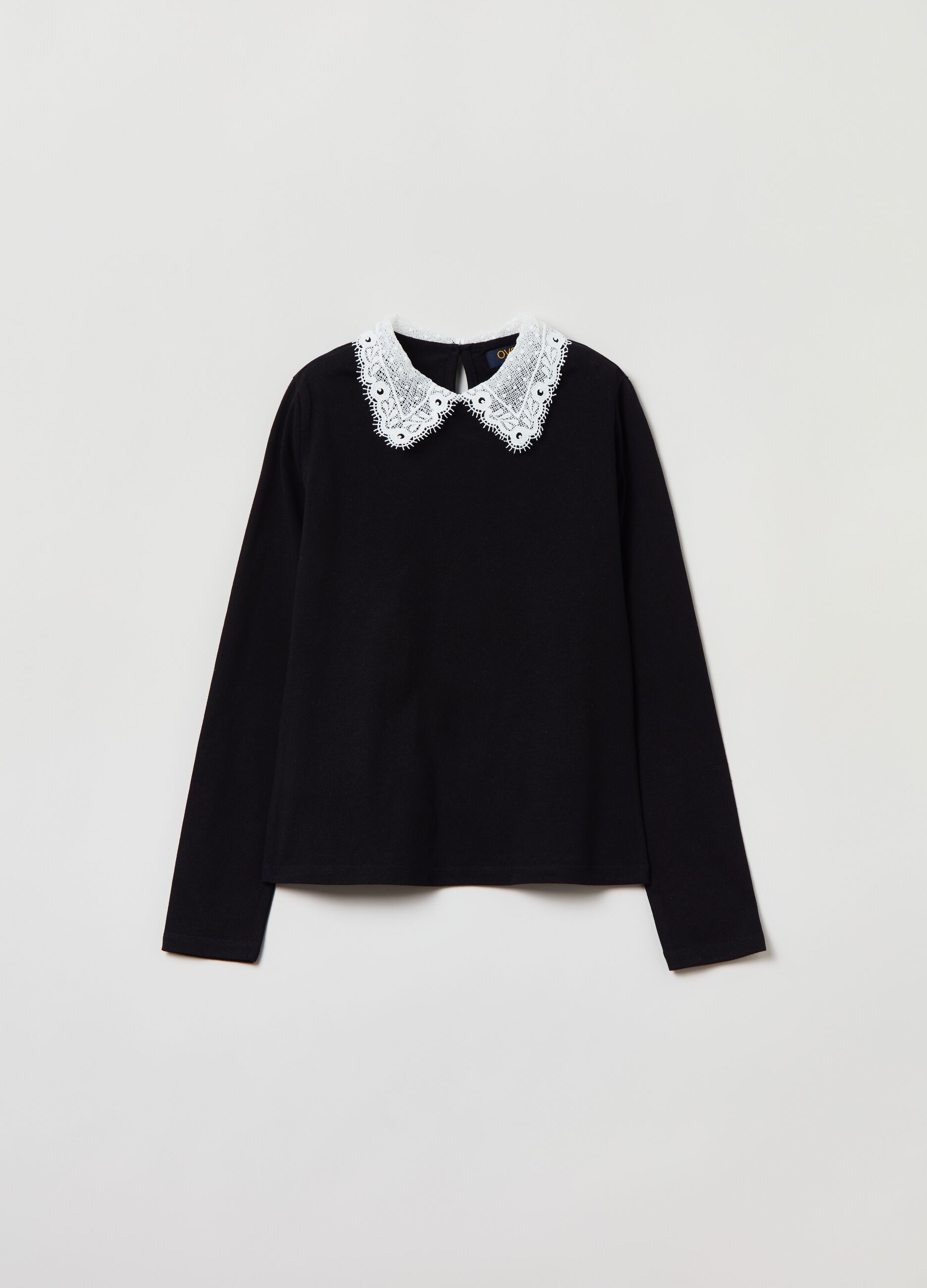Long-sleeved T-shirt with lace collar_0