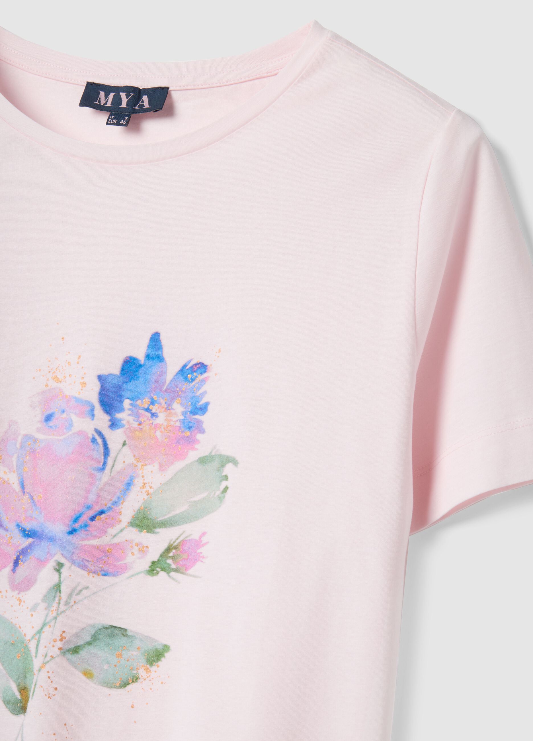 T-shirt rosa de manga curta em algod&atilde;o puro com estampado, corte regular