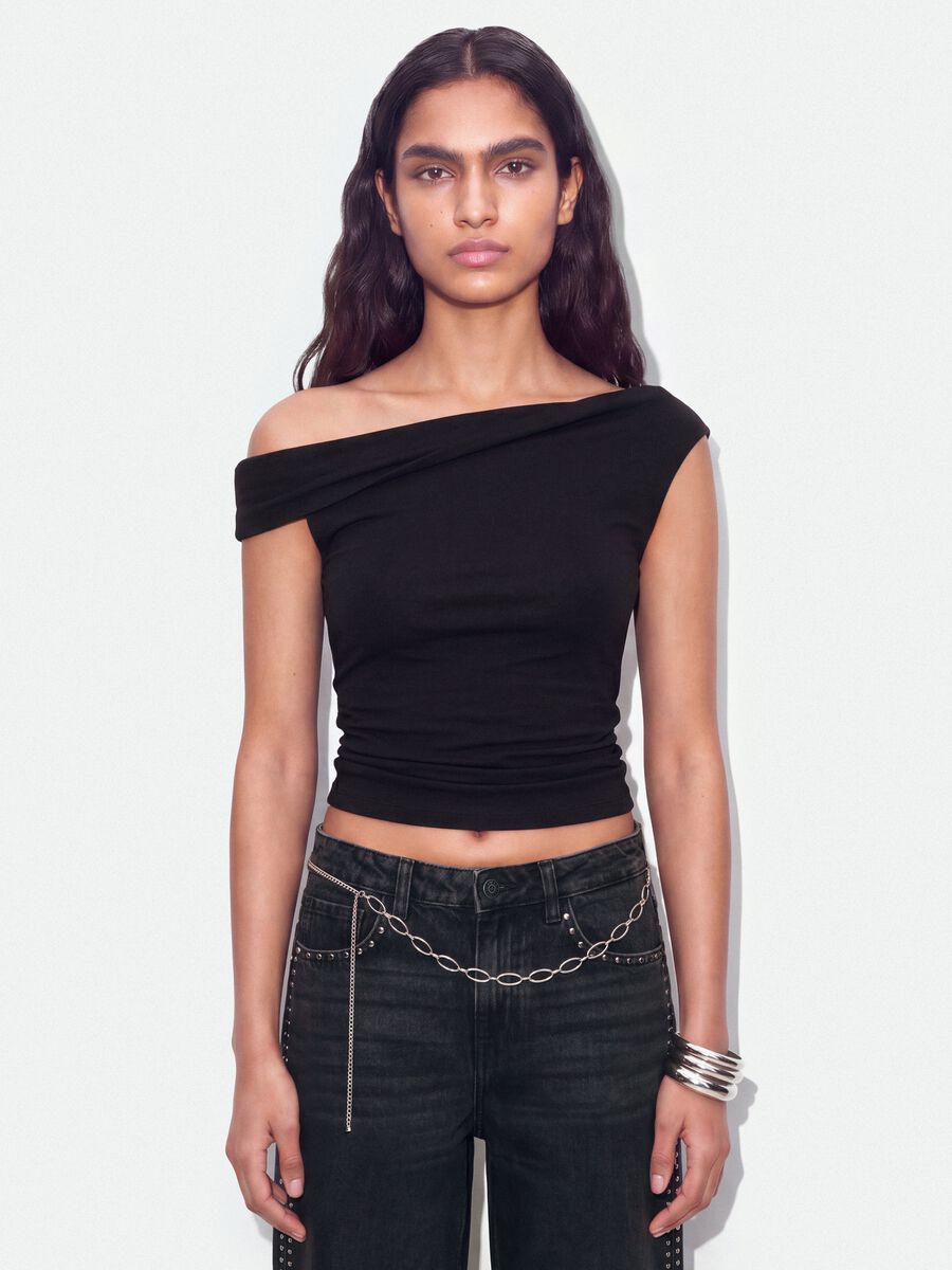 Schwarzes asymmetrisches One-Shoulder-Top aus elastischer Viskose, Slim Fit_0