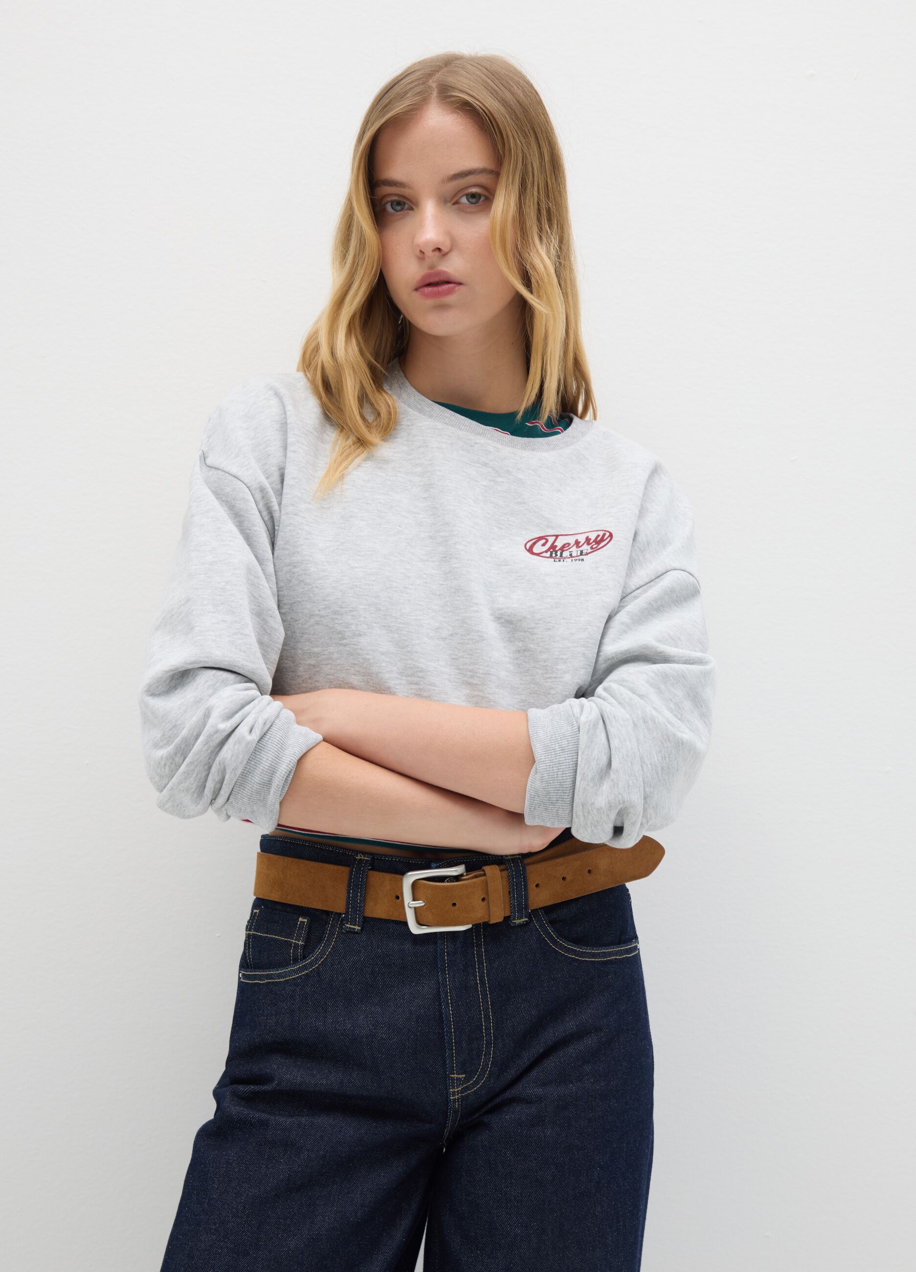 Regular fit grey cotton blend sweatshirt