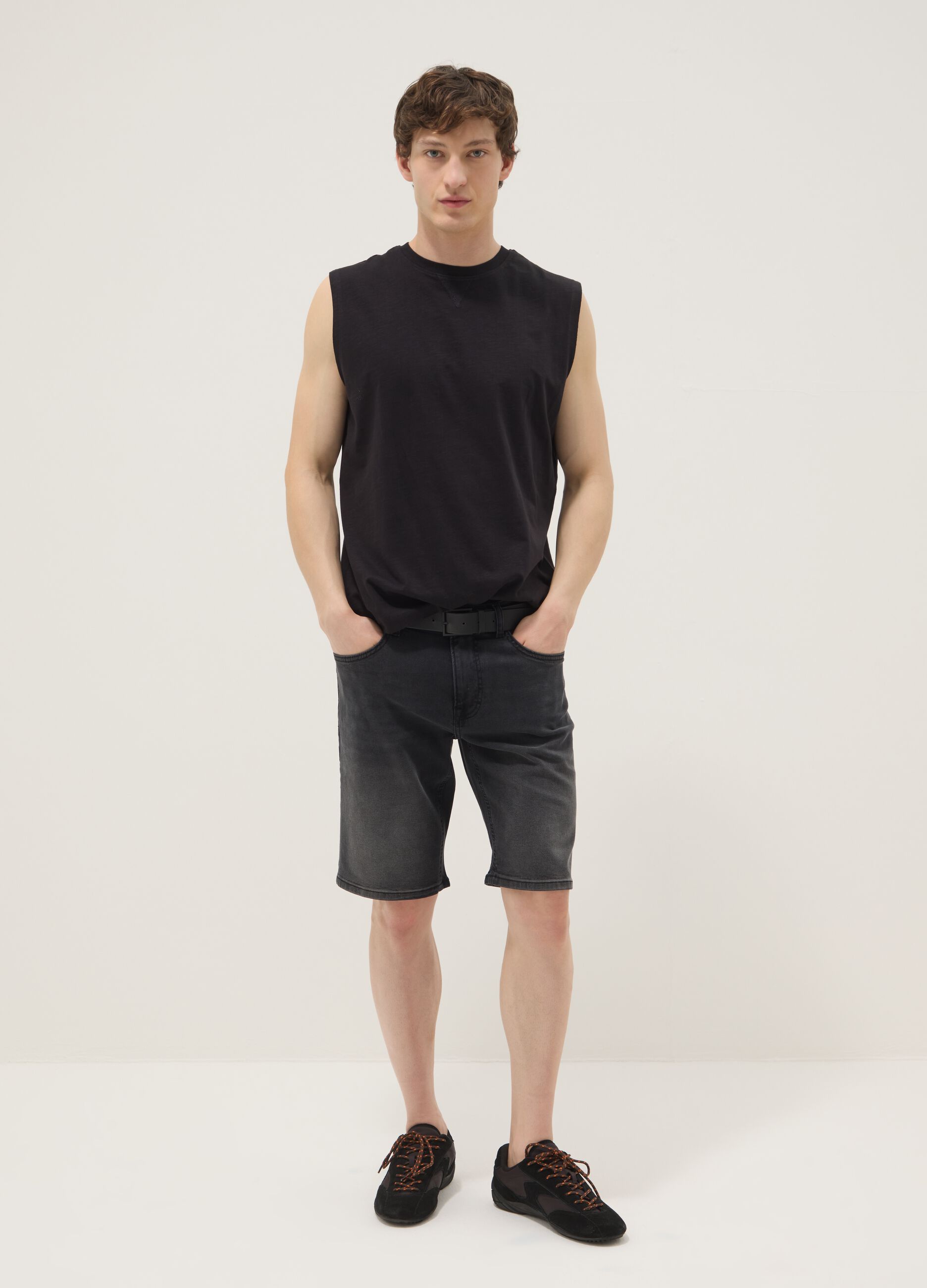 Grey stretch cotton denim Bermuda shorts