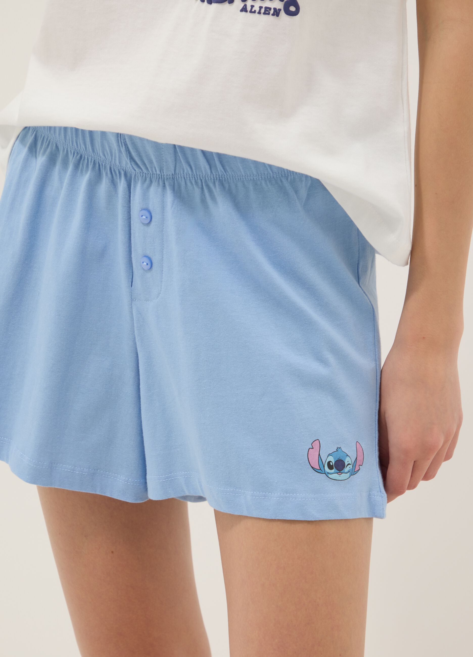 White and light blue short pure cotton pyjamas with Stitch print