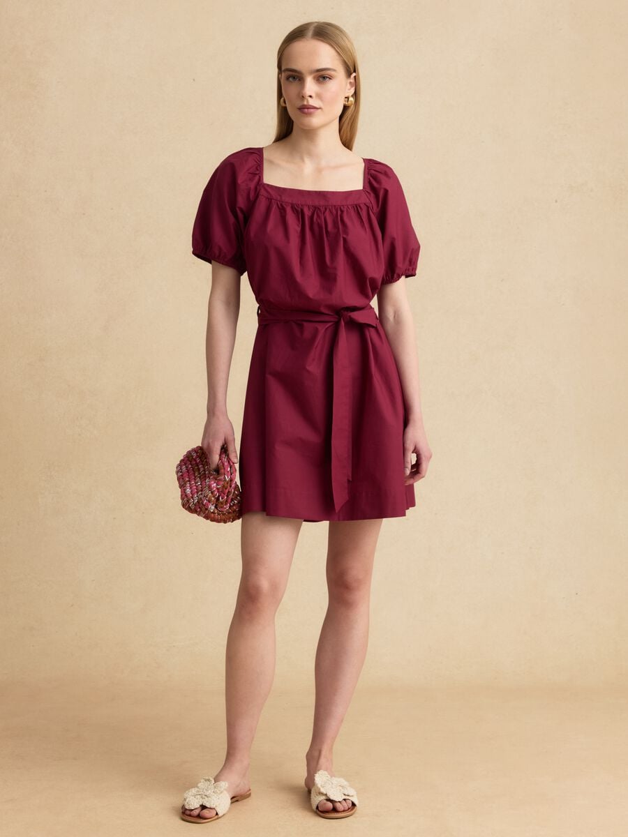Red pure cotton midi dress with belt_0