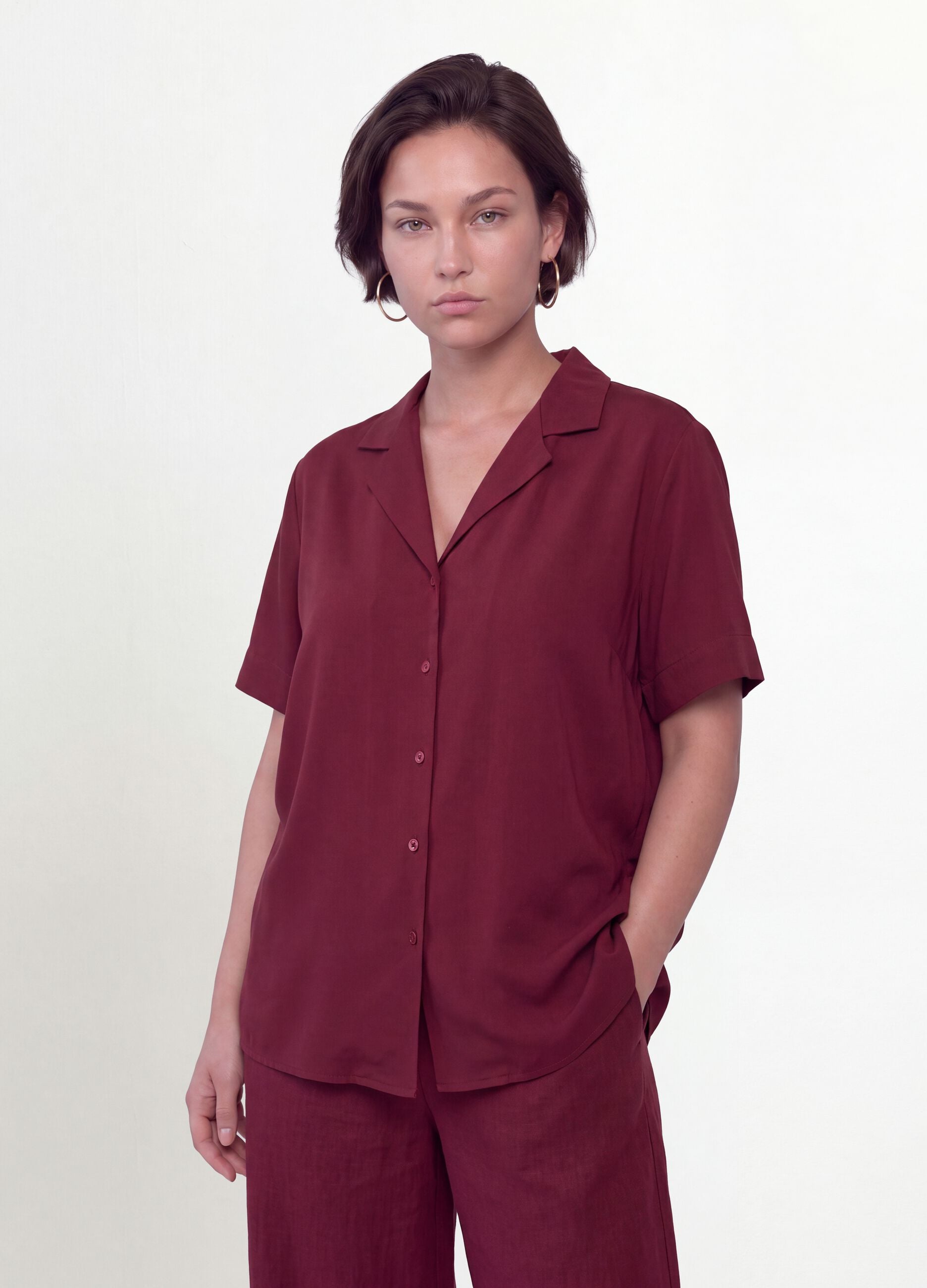Red oversized short-sleeve viscose-blend shirt