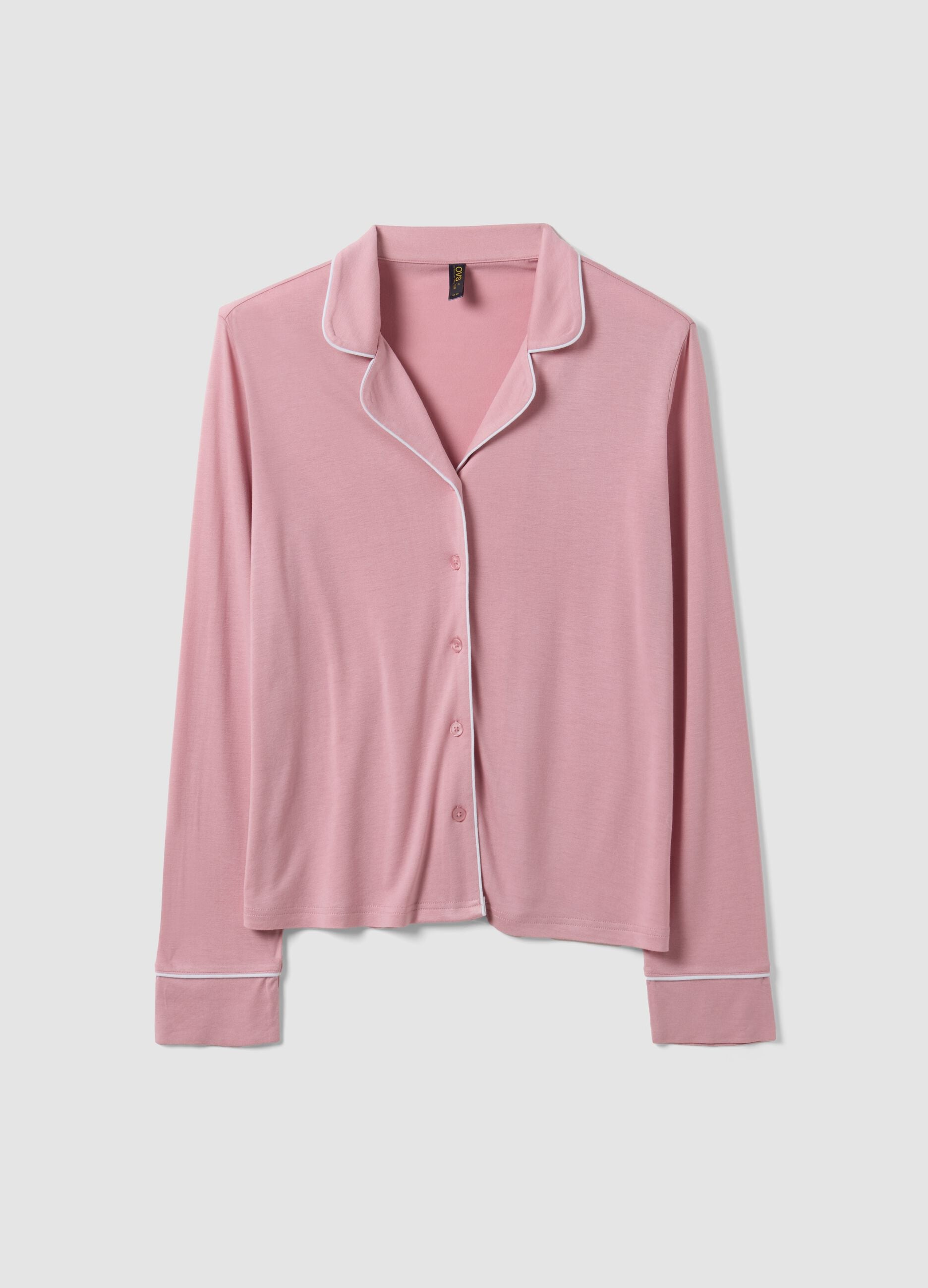 Pijama rosa em viscose pura com decote em V e debruns em contraste