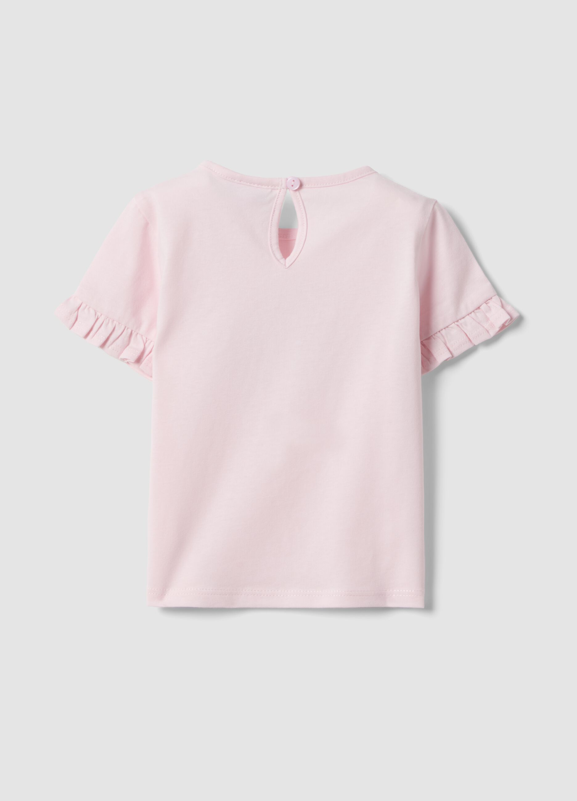 T-shirt rosa em puro algod&atilde;o org&acirc;nico para beb&eacute; menina com estampado e folhos