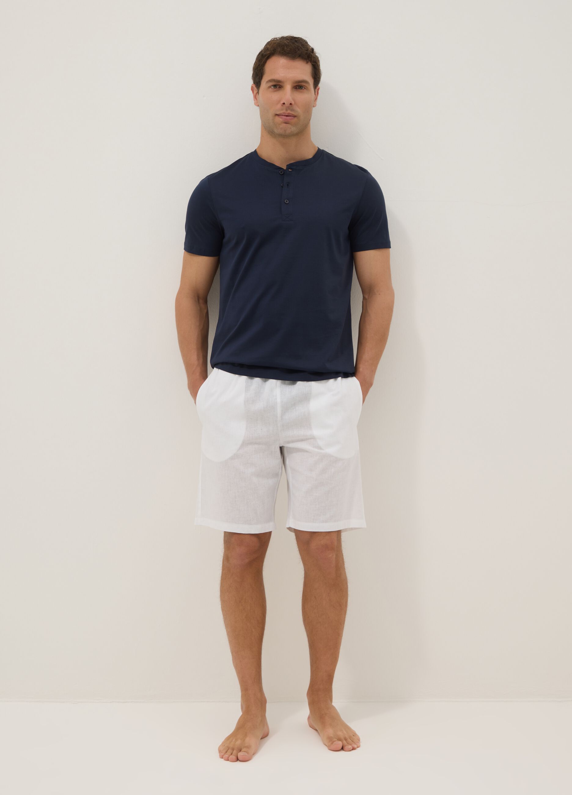 White cotton and linen blend pyjama shorts, regular fit