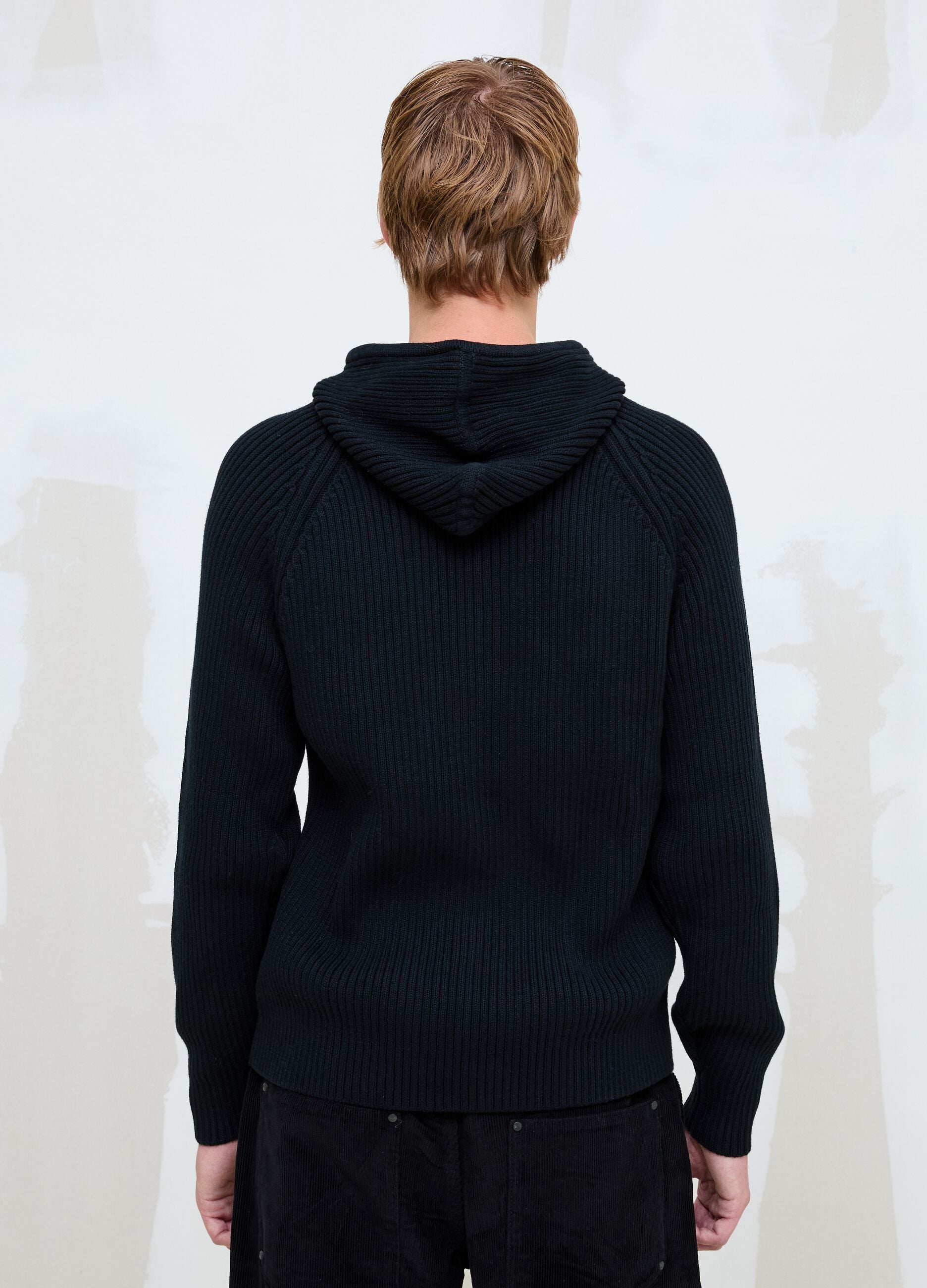 Black Ribbed Knit Hoodie