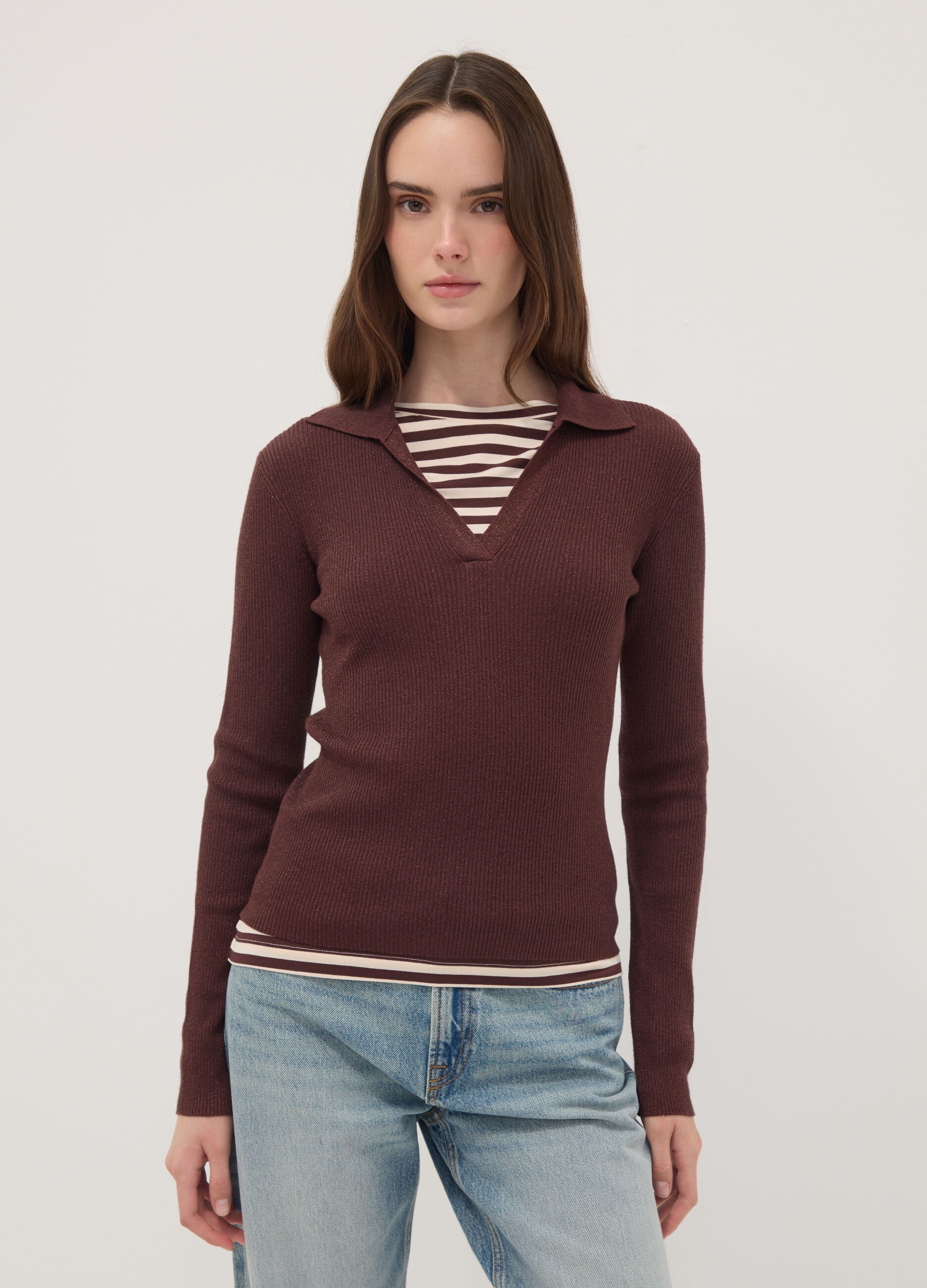 Brown ribbed viscose-blend polo-collar top