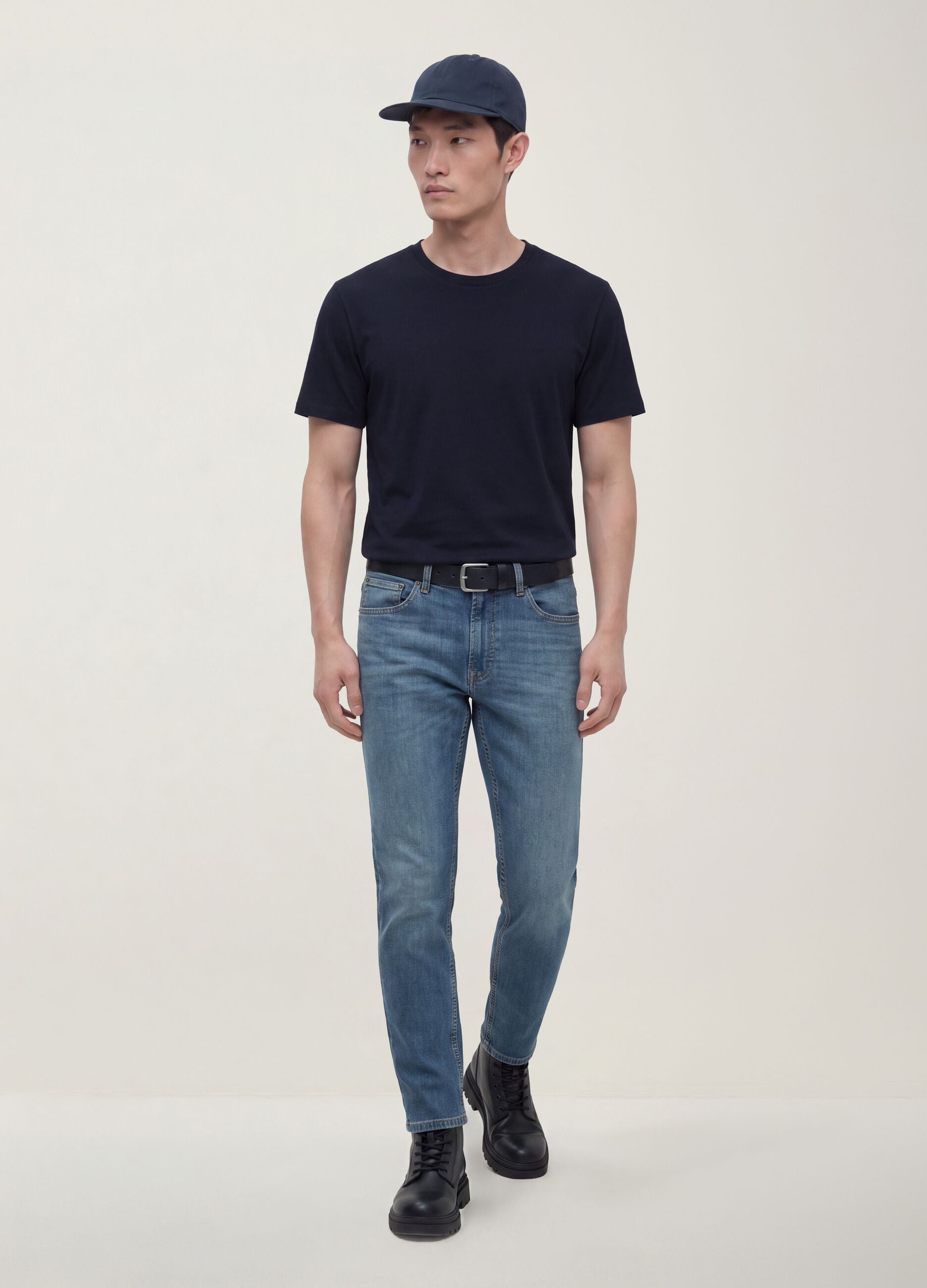 Black mercerised pure cotton regular-fit crew-neck T-shirt
