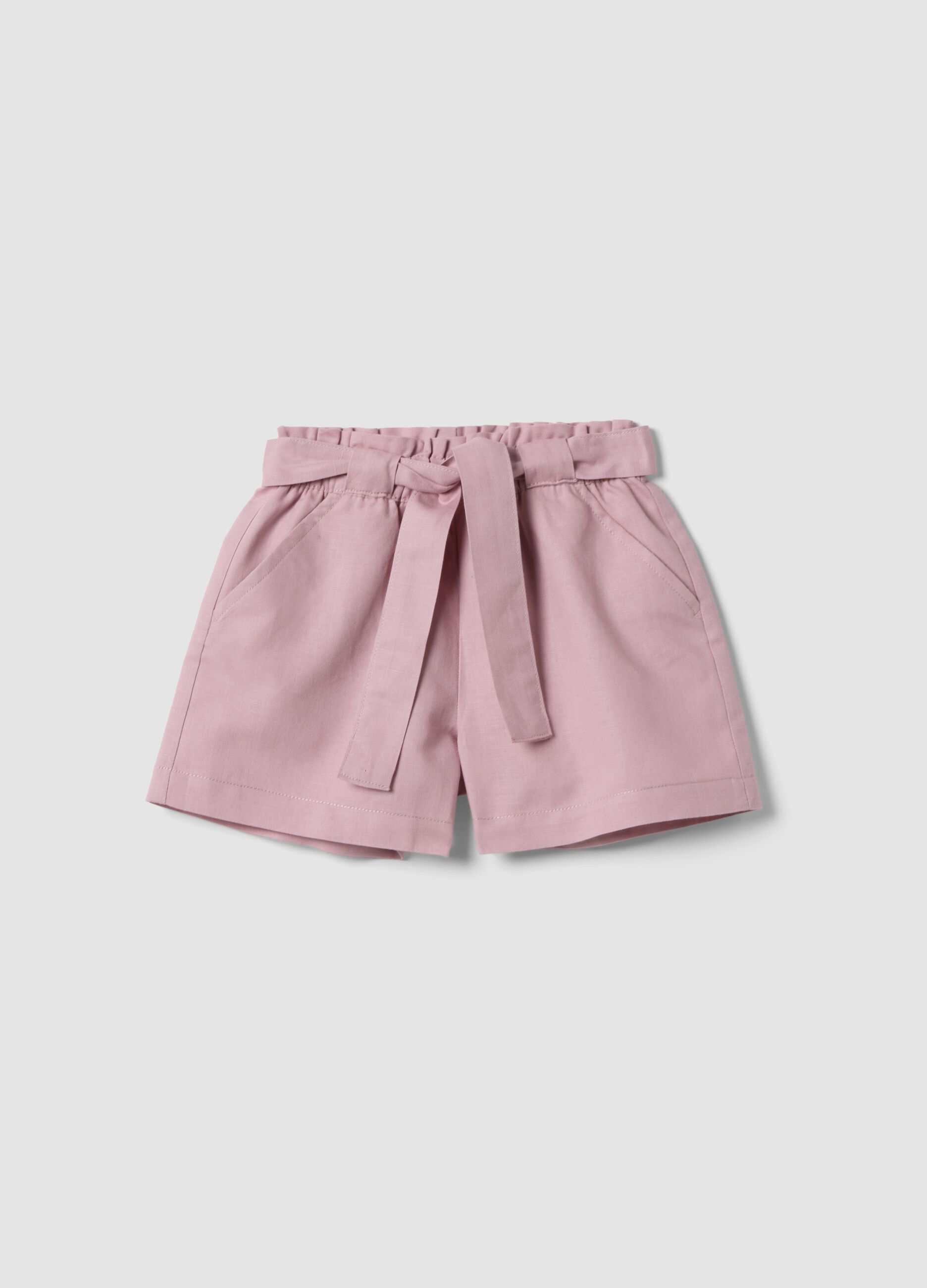 Pink linen and cotton blend shorts with belt for girls, regular fit