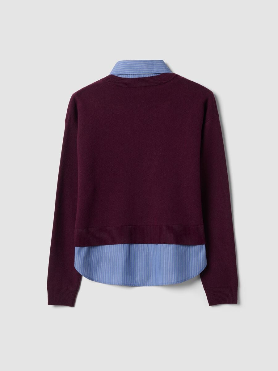 Purple viscose and wool-blend jumper with V-neck and shirt insert_6