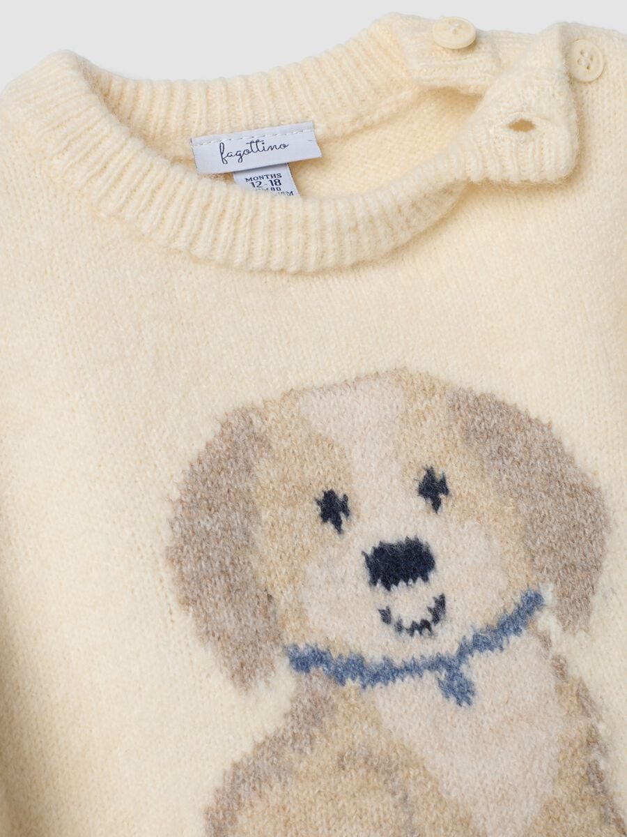 White crew-neck stretch jersey top with puppy print_2