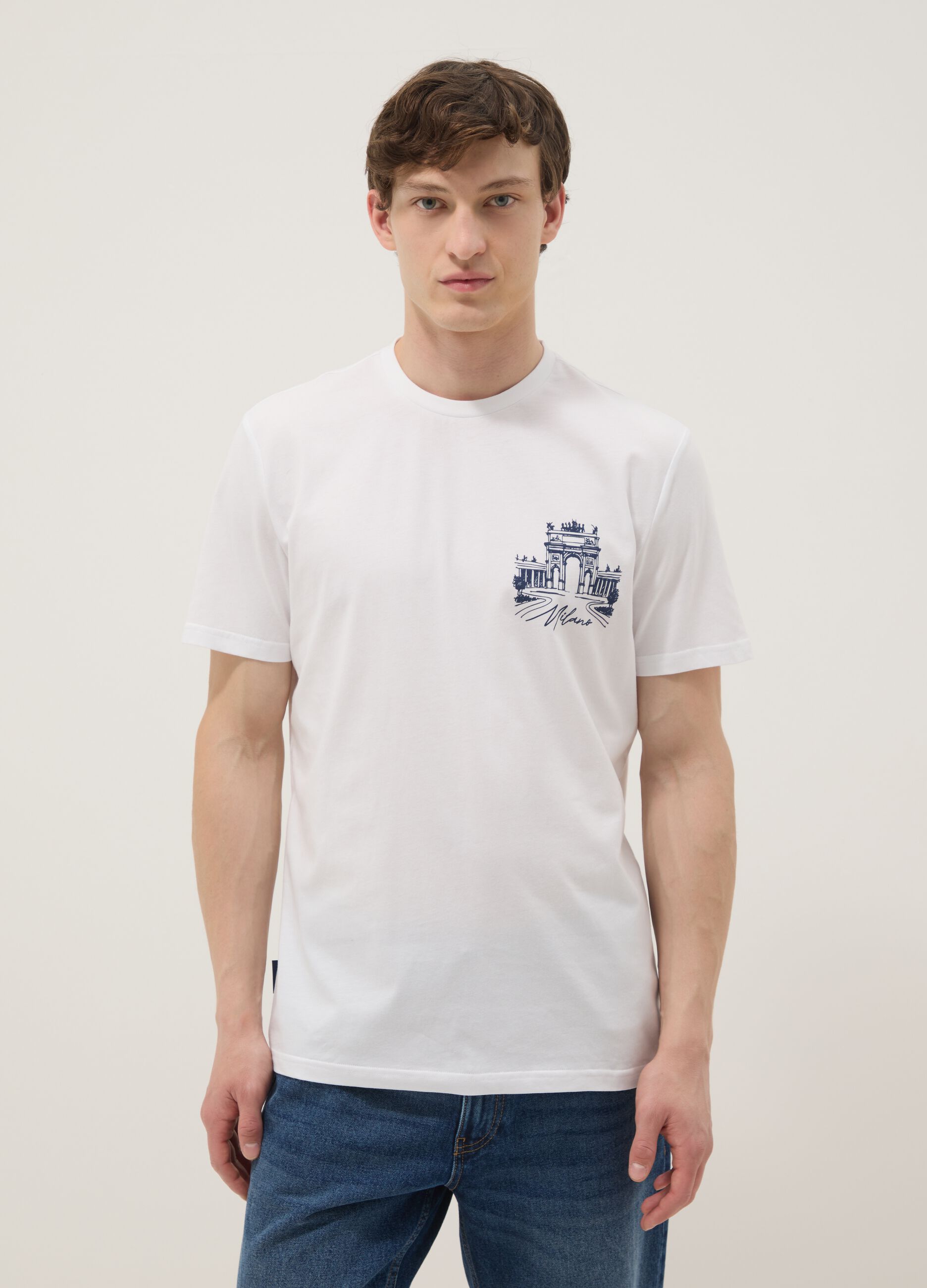 Weisses T-Shirt aus reiner Baumwolle mit Print, Regular Fit