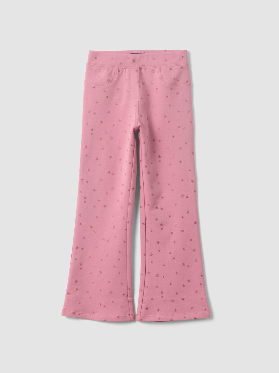 Pink flared stretch cotton trousers with star print for girls_0
