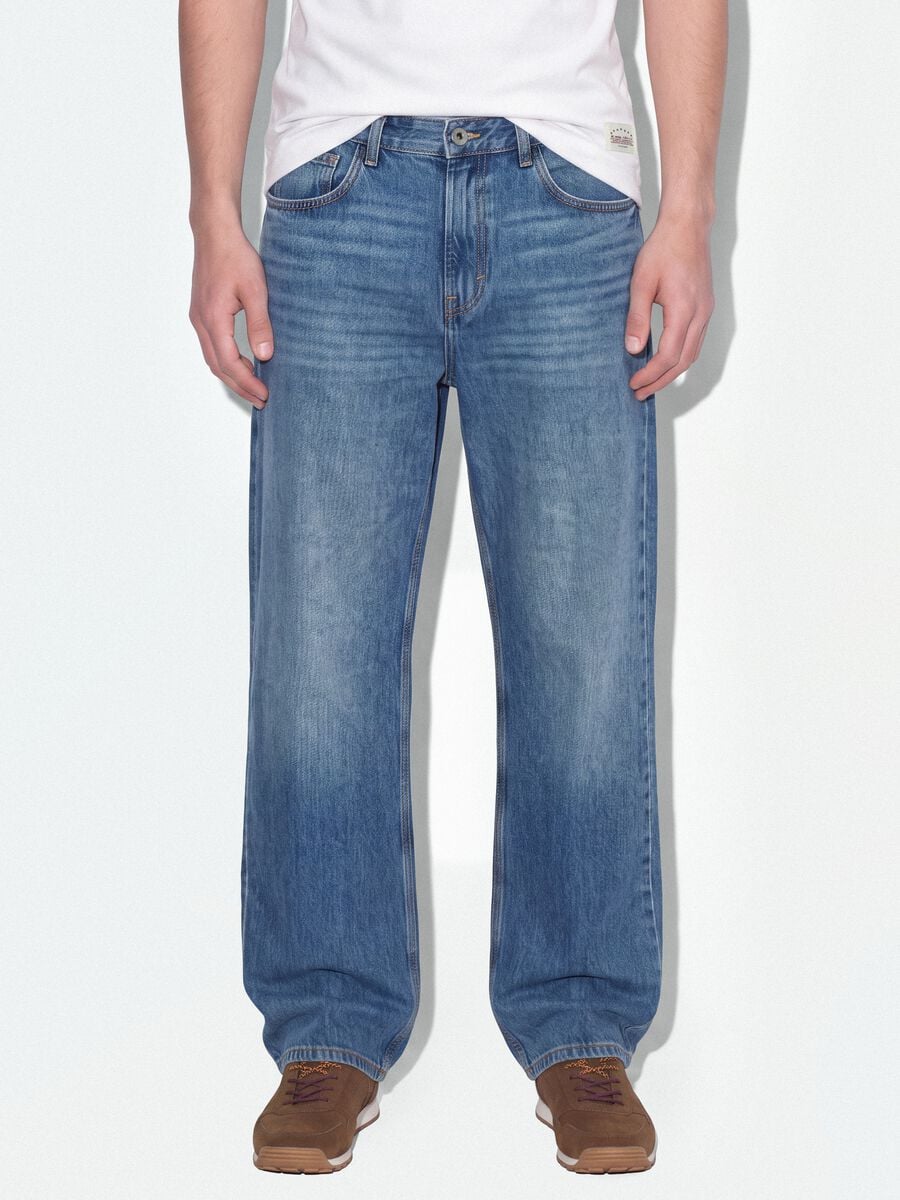 Blue denim jeans in pure cotton, loose fit_1