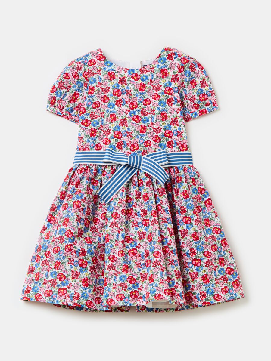 Floral cotton dress with striped ribbon_4