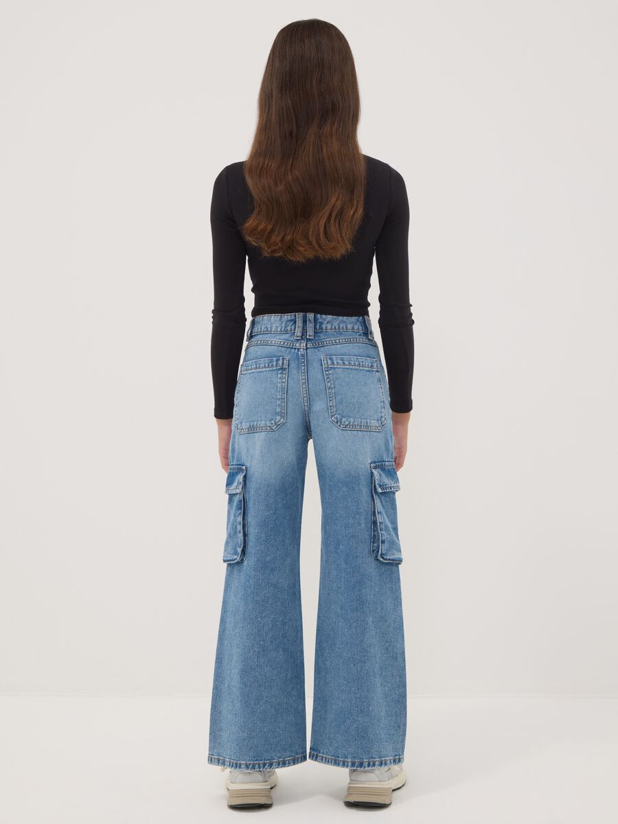 Light blue pure cotton denim cargo jeans, relaxed fit for girls_1