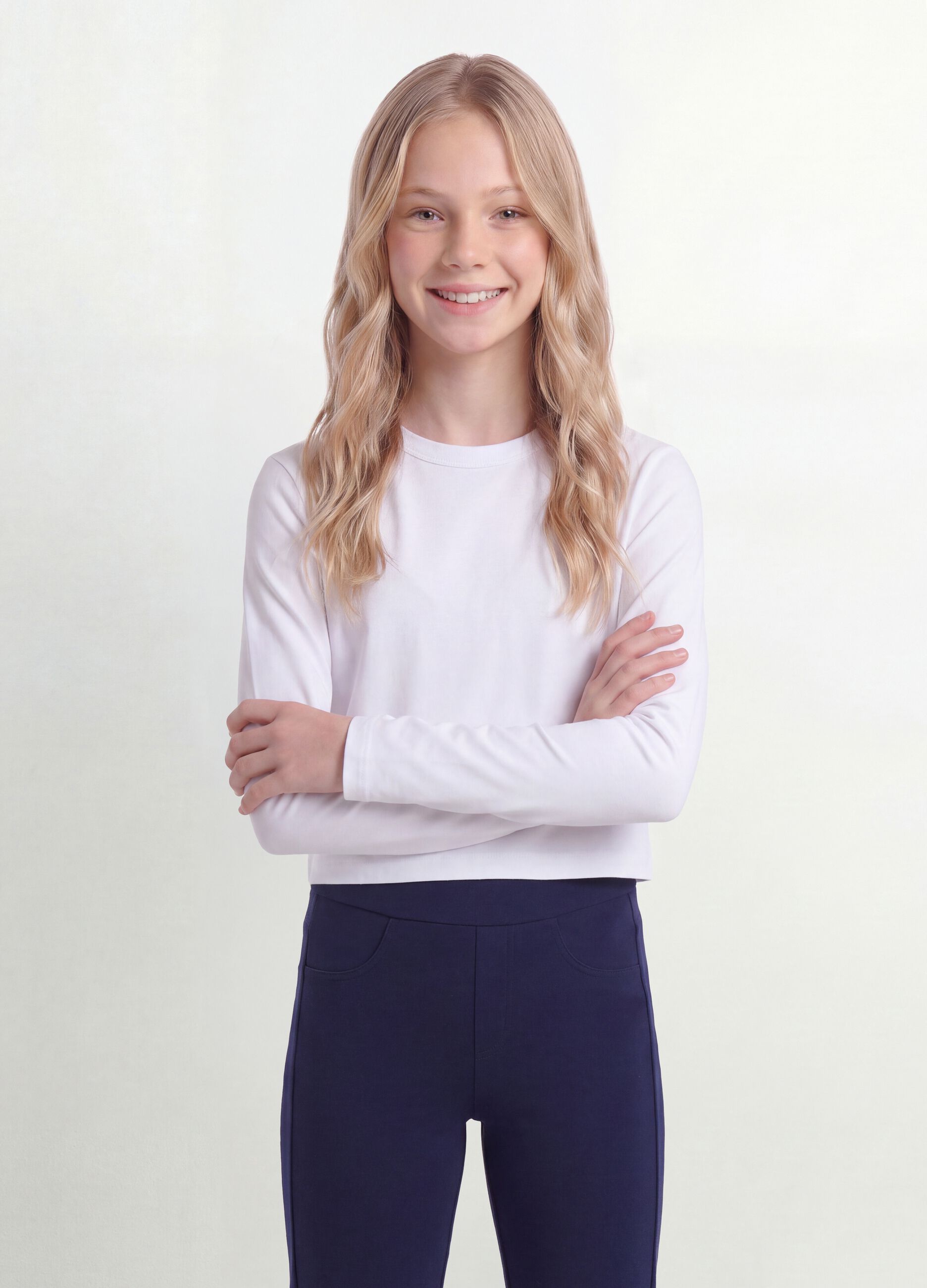 Girls&rsquo; pure cotton white T-shirt with ribbed crew neck