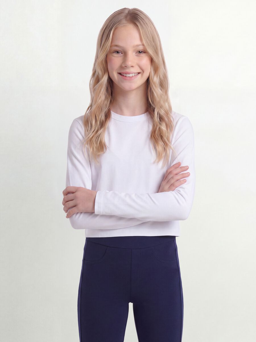 White pure cotton T-shirt with ribbed neckline for girls_0