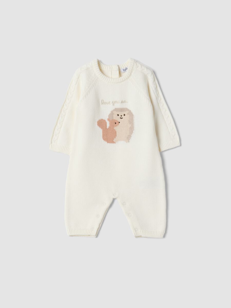 White 100% organic cotton baby sleepsuit with animal print_0