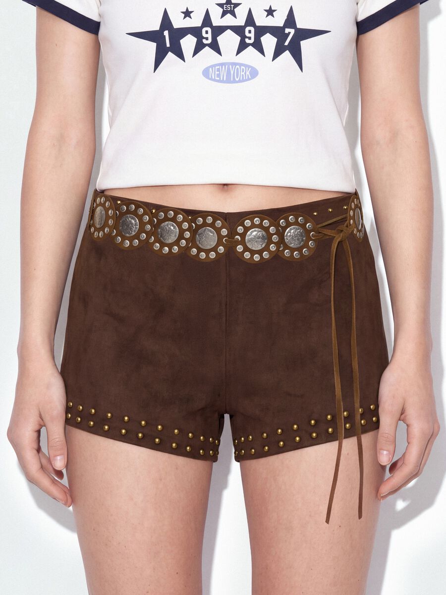 Brown stretch mini shorts with studs_2