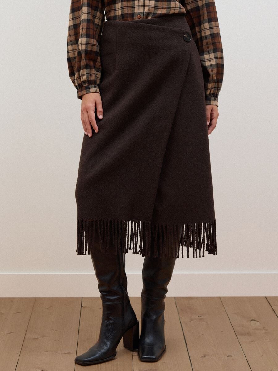 Brown viscose-wool blend skirt with fringed hem_1