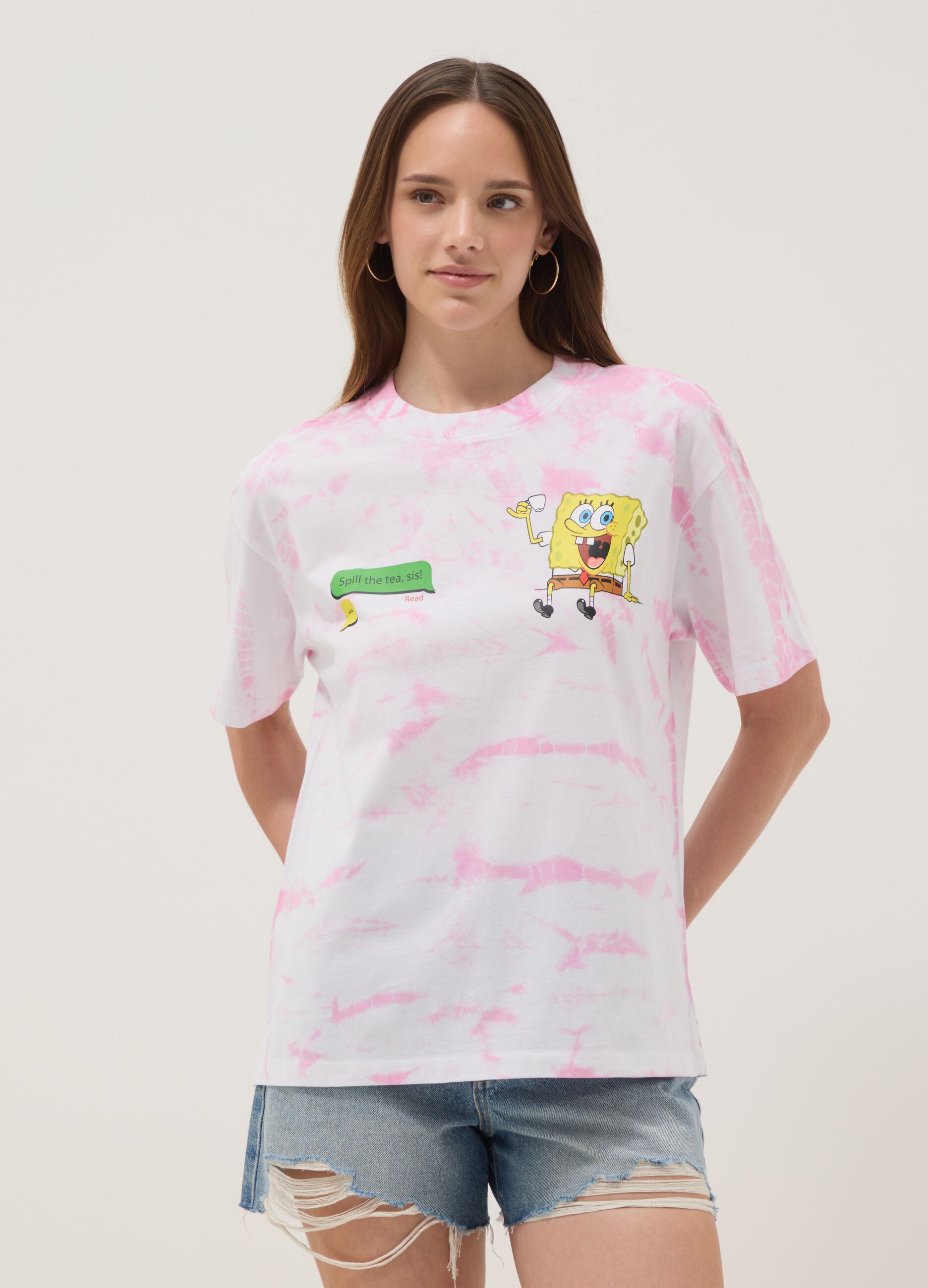 Camiseta multicolorida de algod&atilde;o puro, ajuste regular com estampado SpongeBob