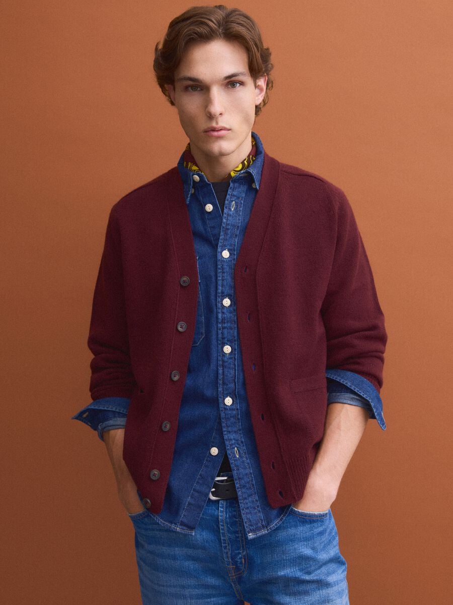 Red wool-blend cardigan with deep V-neck_0