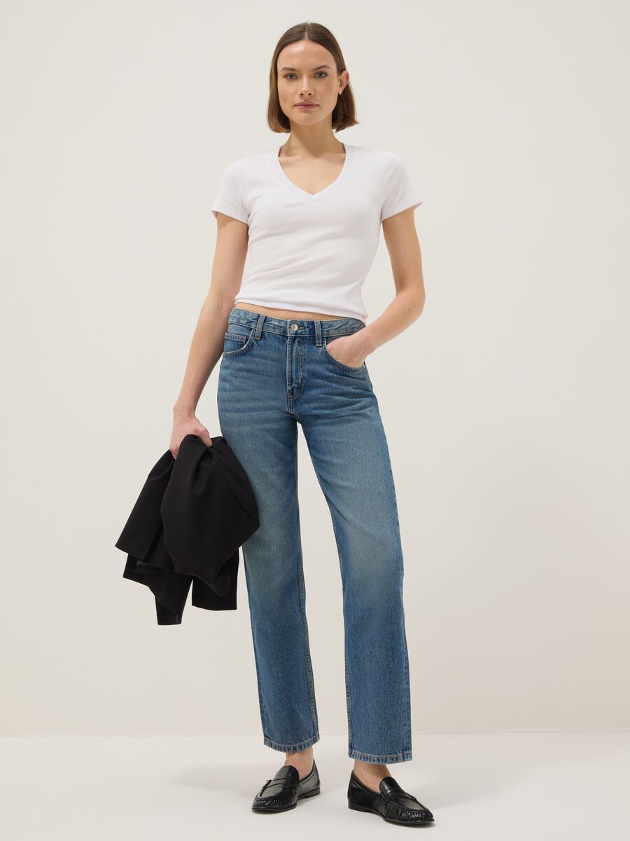 White regular fit deep V stretch cotton T-shirt_0