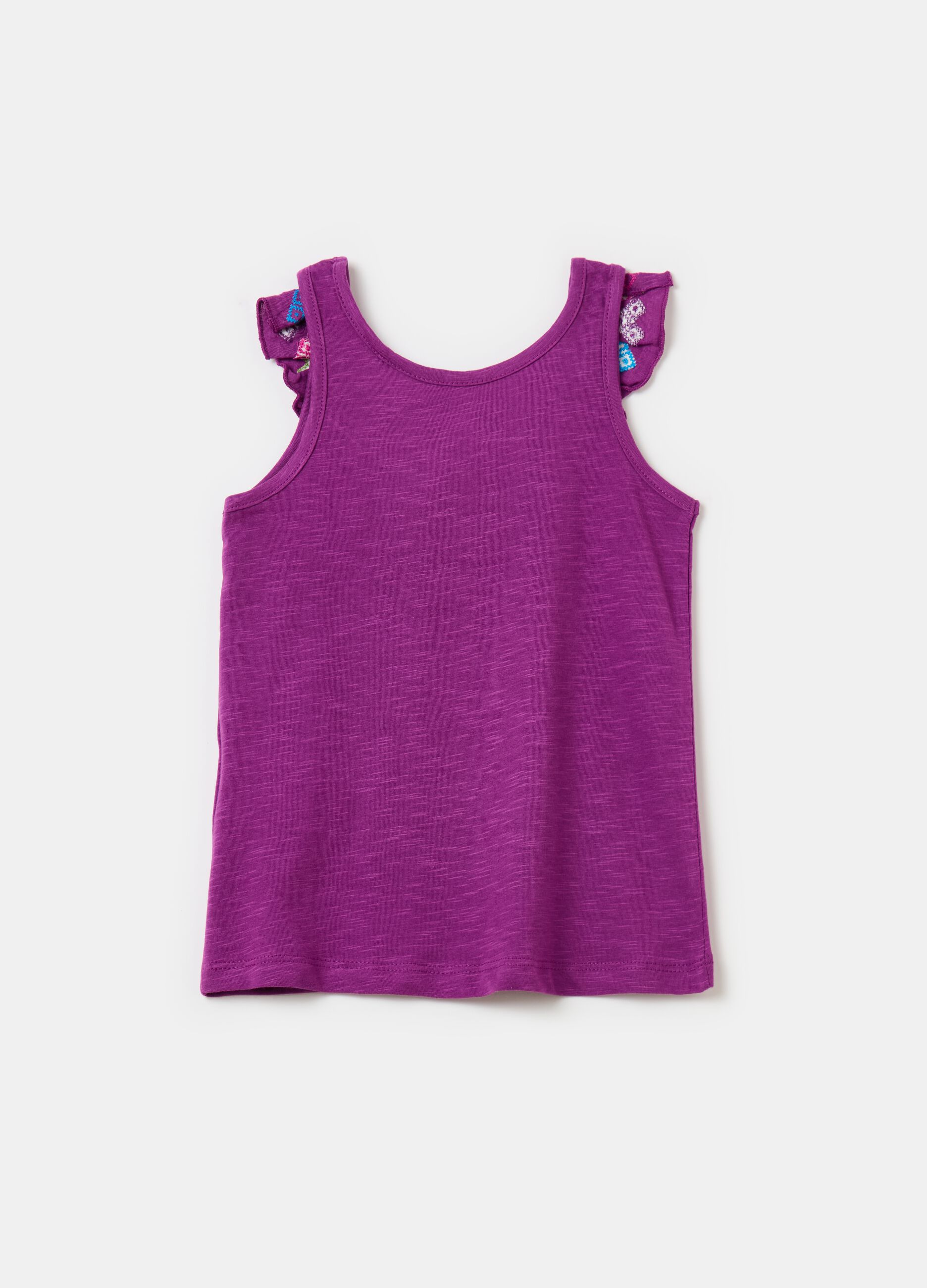 Cotton tank top with flounce and embroidery