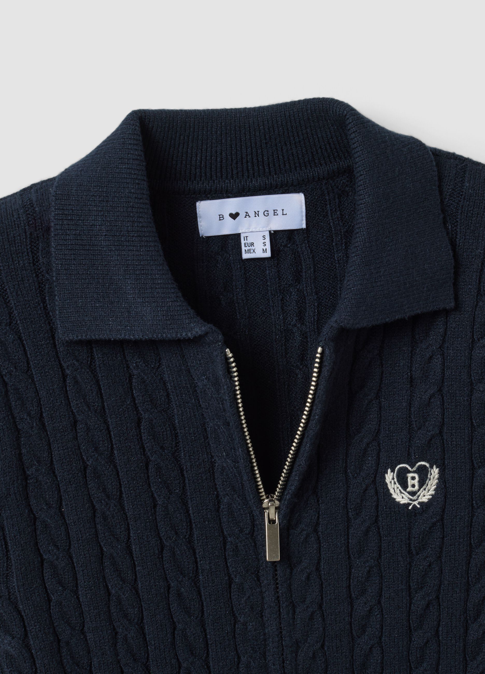 Navy viscose-blend fitted cardigan with polo collar
