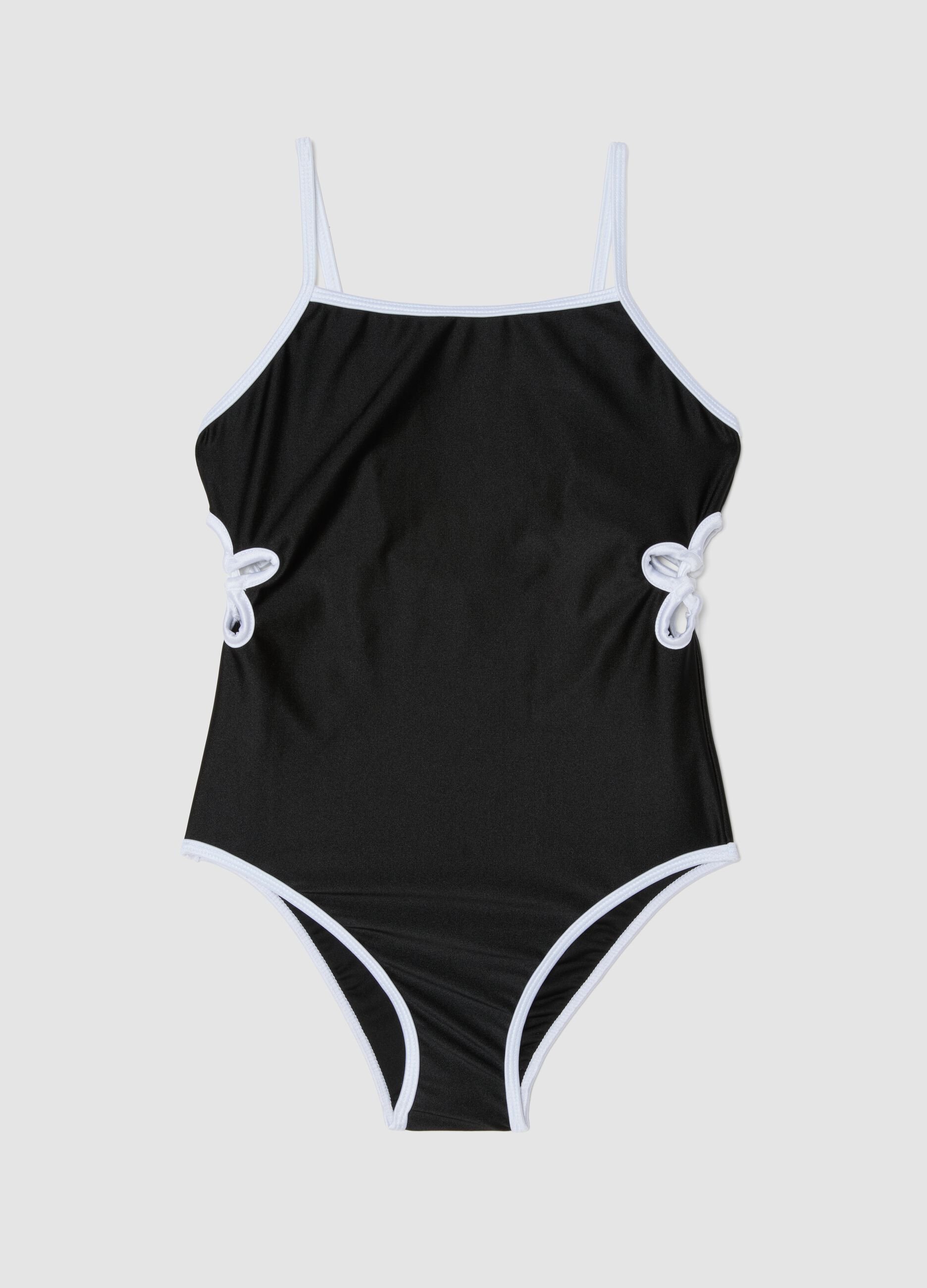 Black stretch one-piece swimsuit with contrasting trim