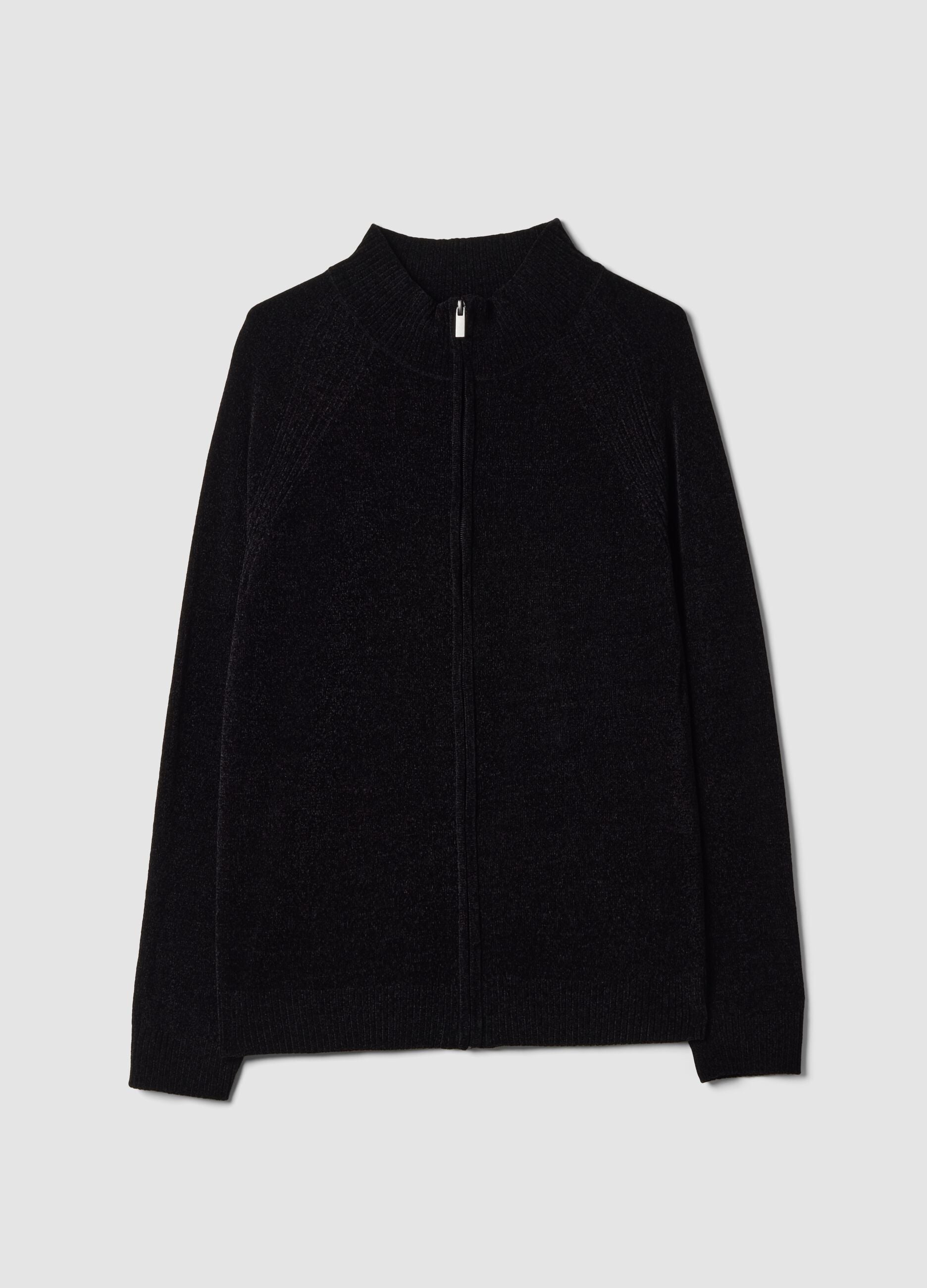 Black full-zip cardigan with collar, regular fit