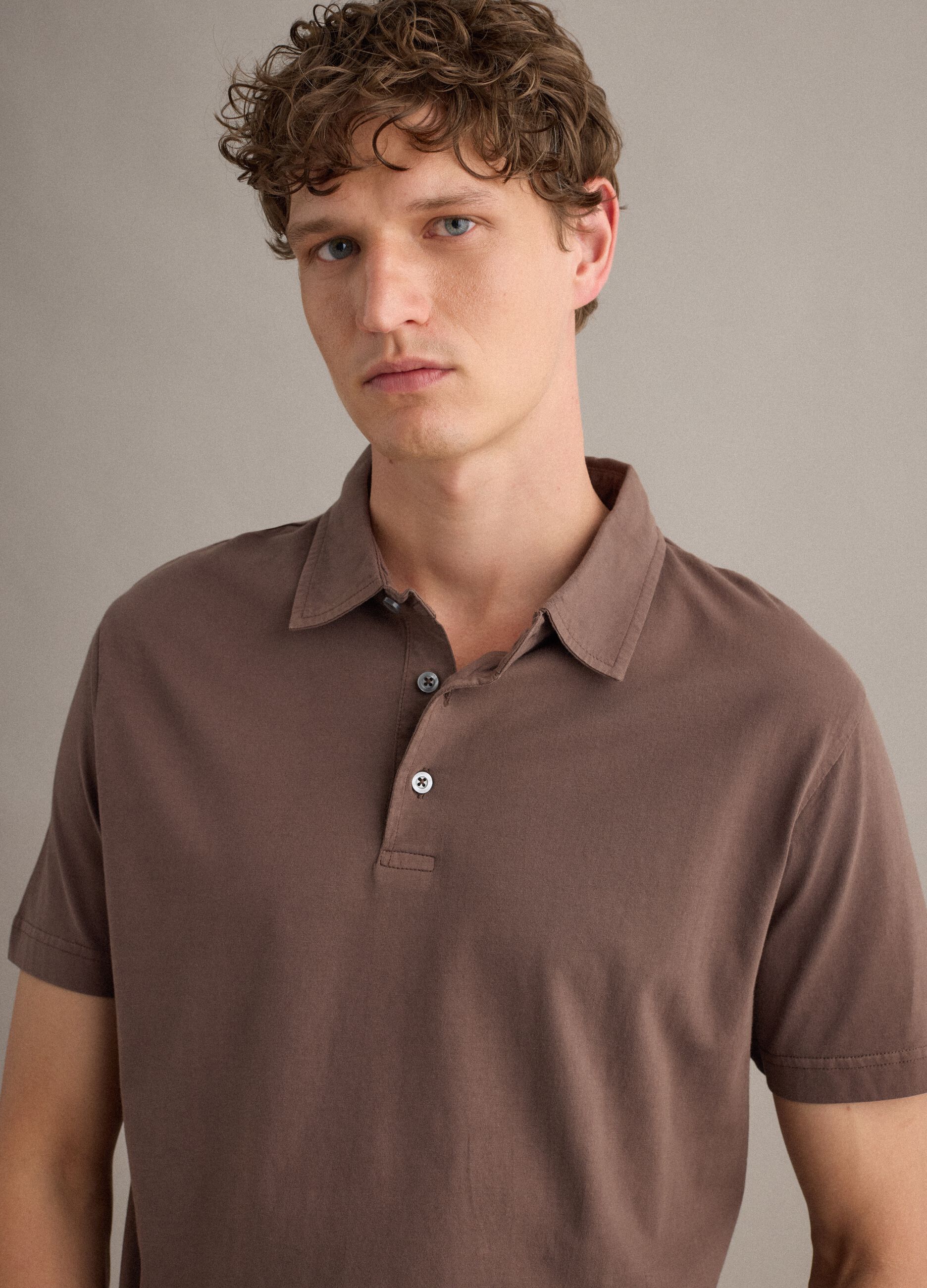 Brown short-sleeve polo shirt in pure cotton, regular fit