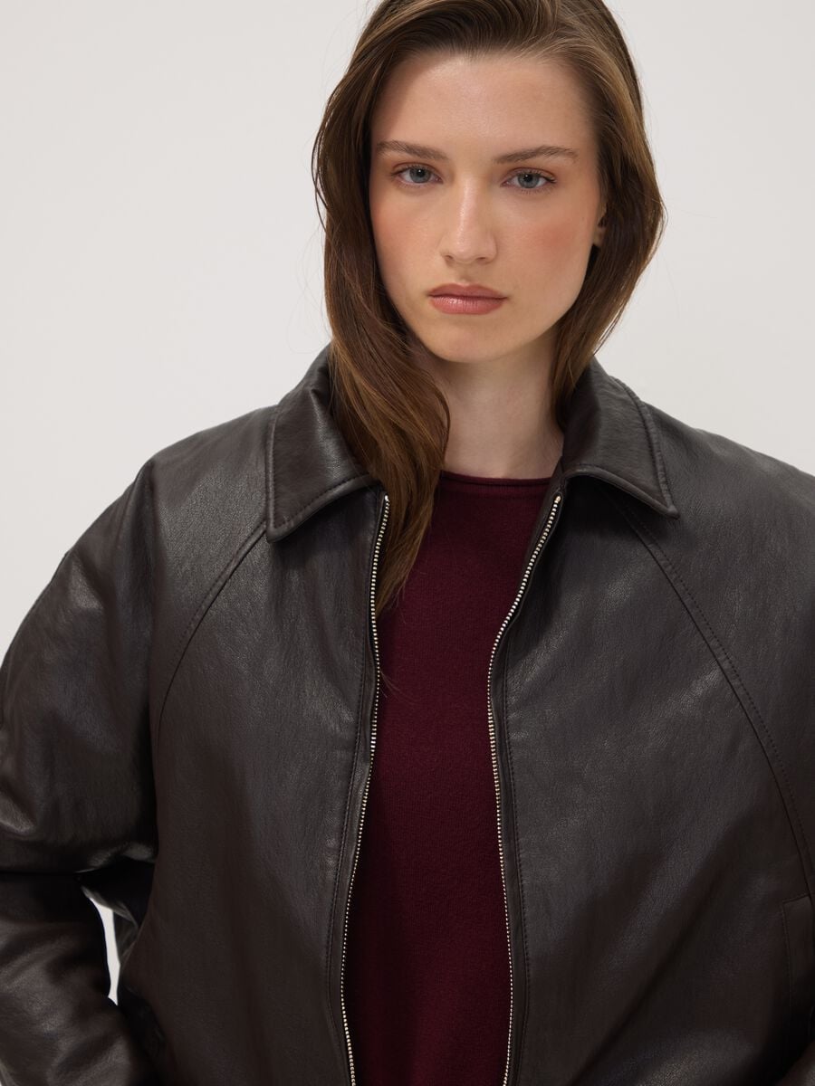 Brown padded viscose-blend jacket with zip and oversized fit_0