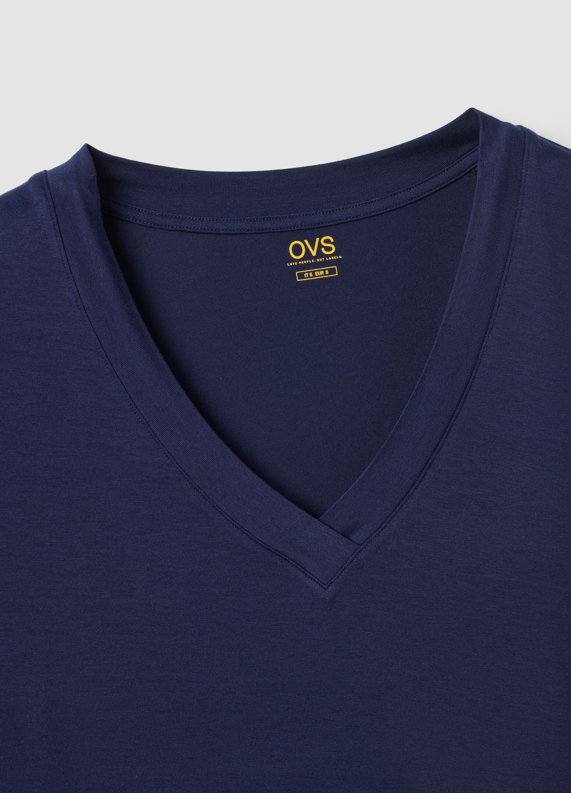 Blue stretch viscose V-neck T-shirt