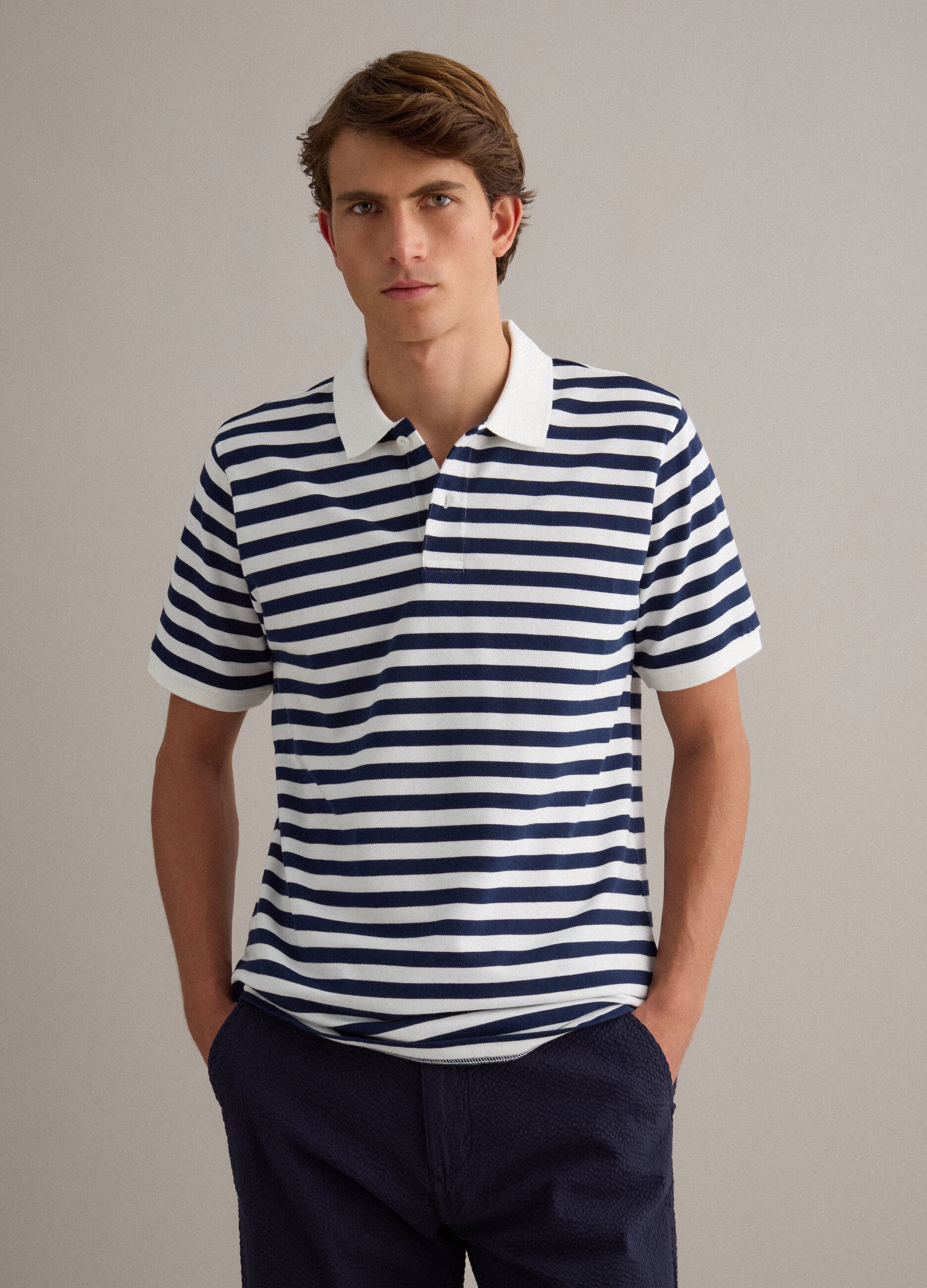 Blue and White Striped Pure Cotton Polo Shirt