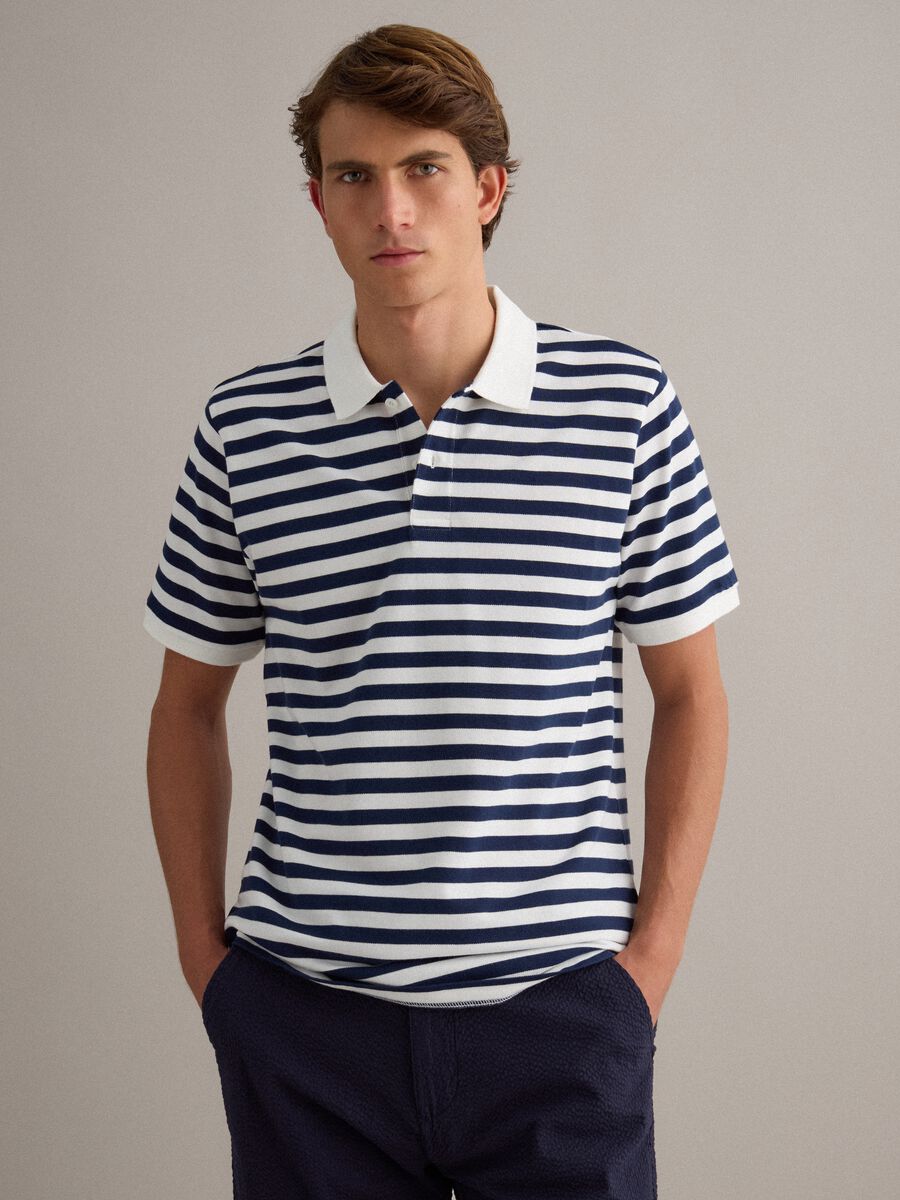 Blue and White Striped Pure Cotton Polo Shirt_1