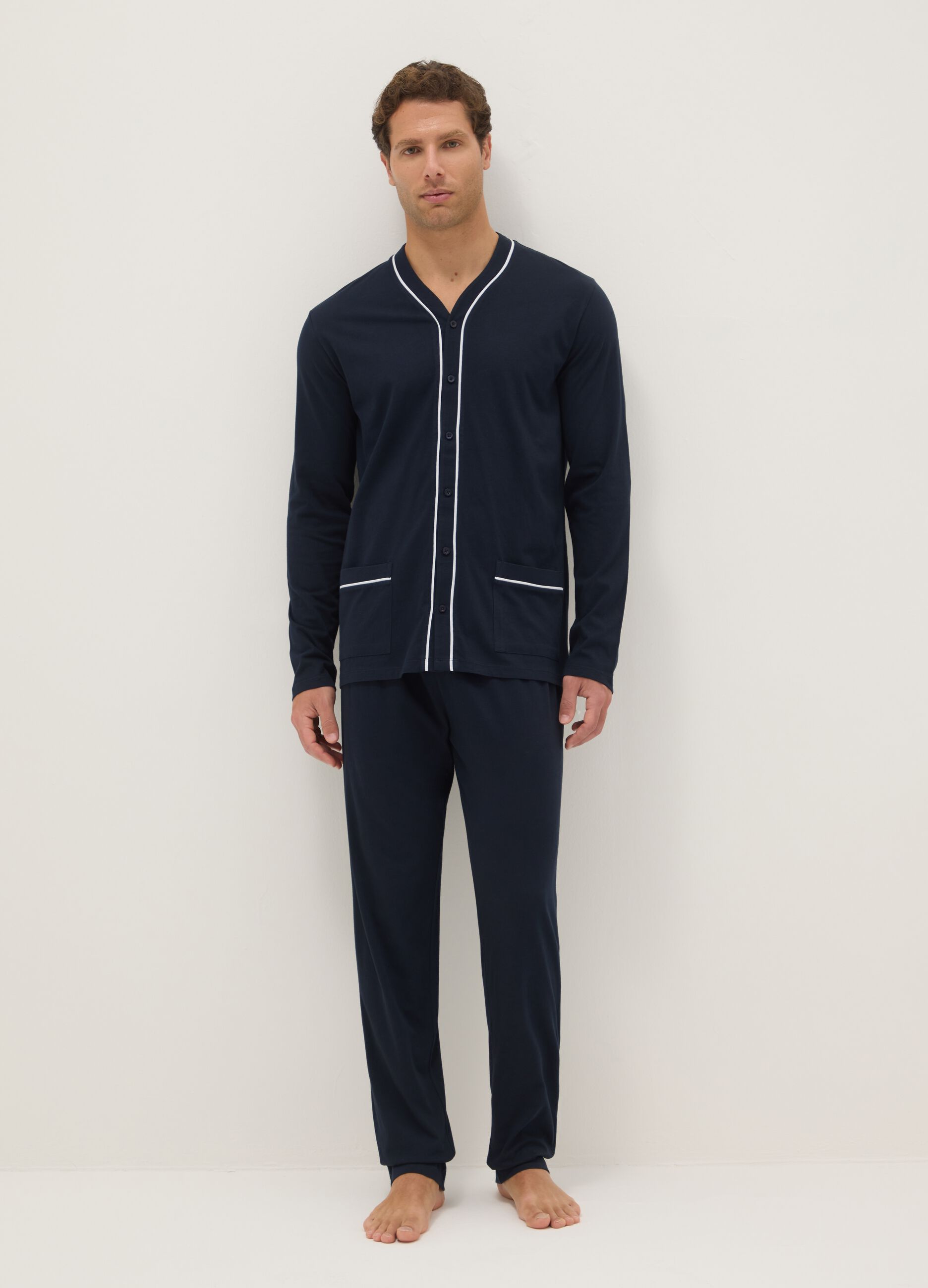 Pure cotton blue pyjamas, regular fit with contrast detailing