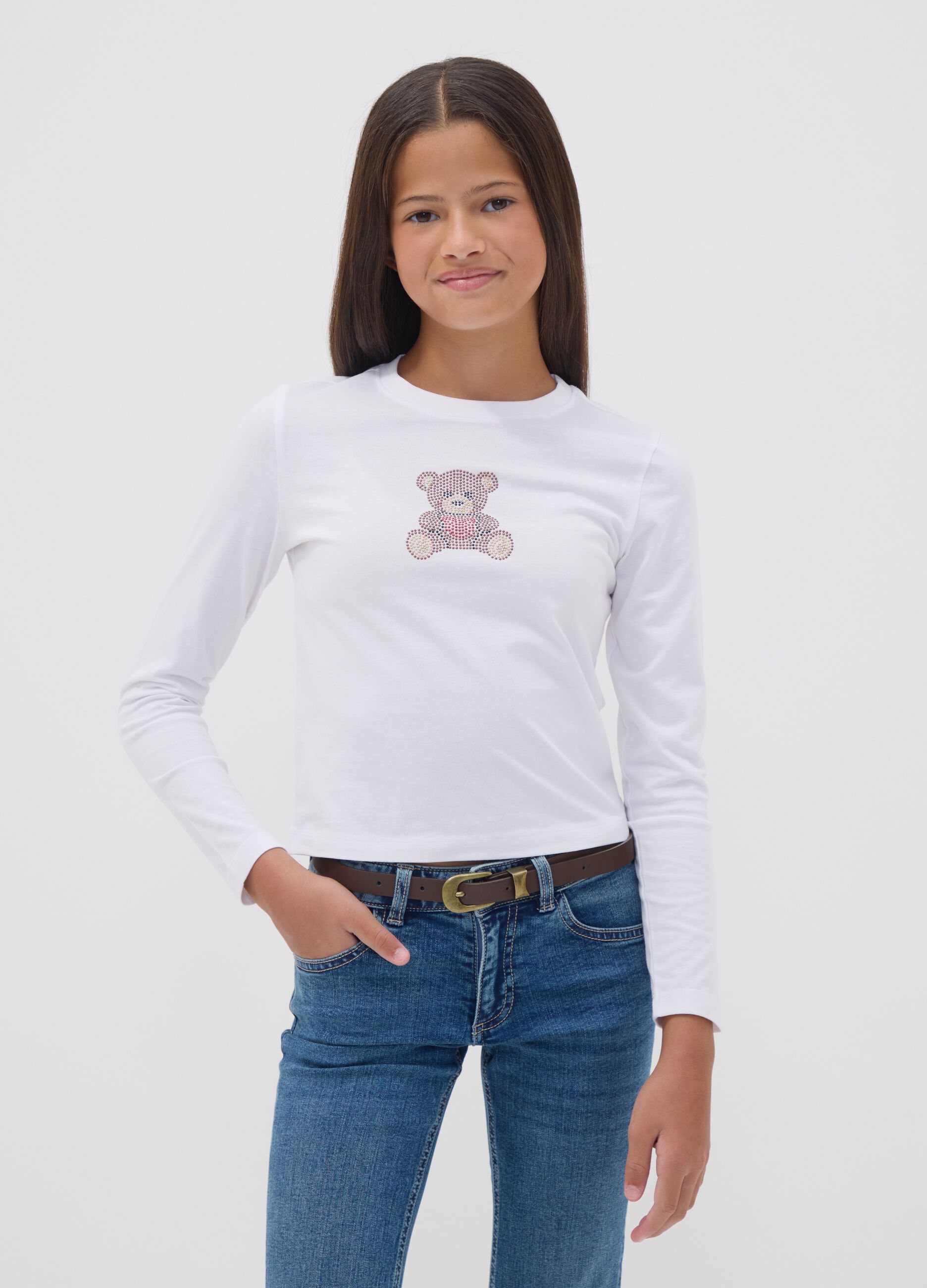Wei&szlig;es T-Shirt aus reiner Baumwolle mit Rundhalsausschnitt und B&auml;ren-Print f&uuml;r M&auml;dchen