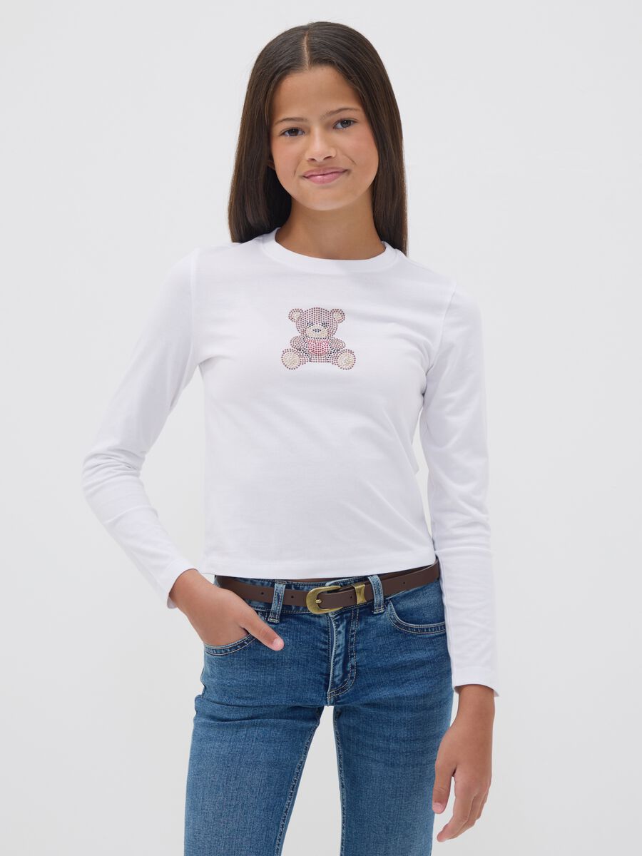 Wei&szlig;es T-Shirt aus reiner Baumwolle mit Rundhalsausschnitt und B&auml;ren-Print f&uuml;r M&auml;dchen_1
