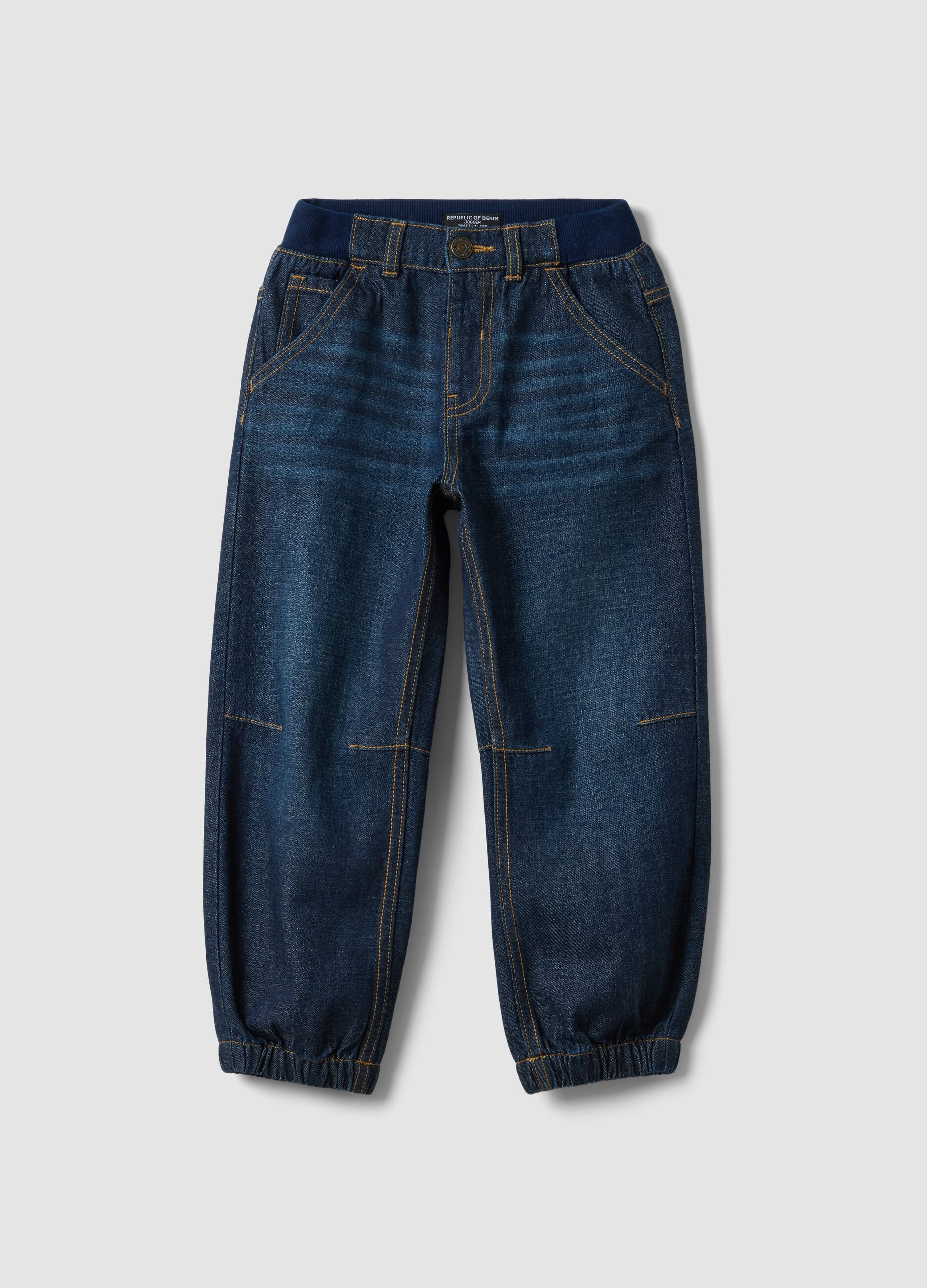 Jogger denim blu in misto cotone e viscosa con vita elasticizzata relaxed fit