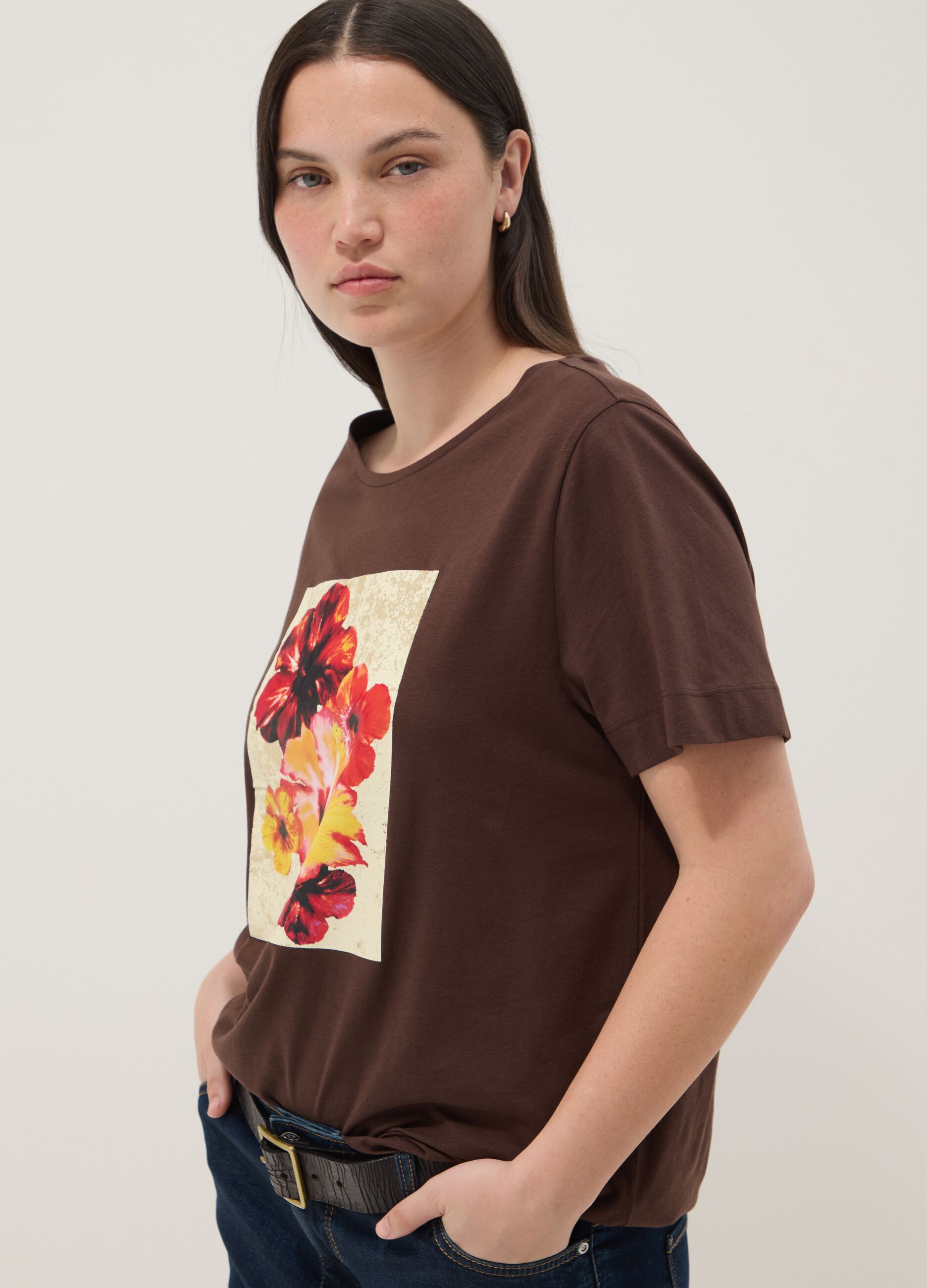 Brown pure cotton T-shirt with print, regular fit