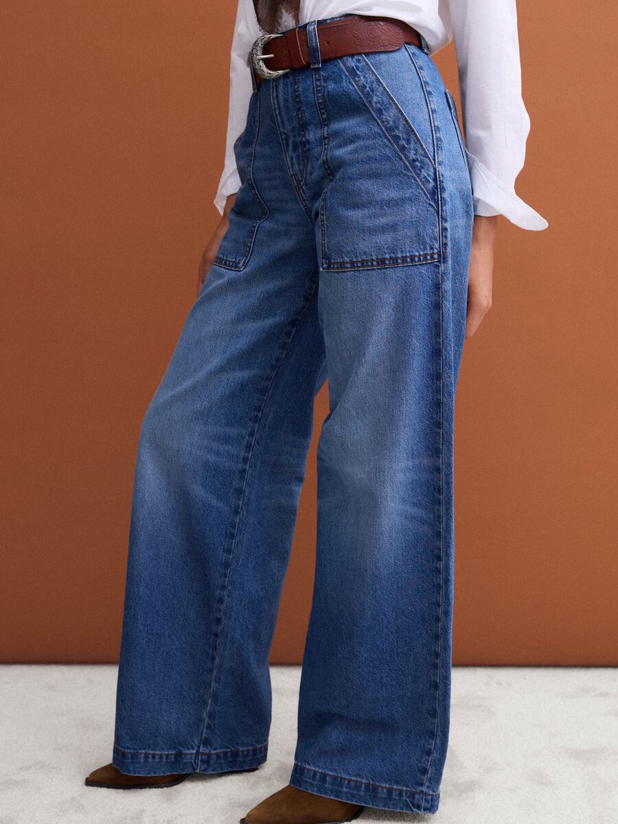 Jeans de ganga azul wide leg em algod&atilde;o puro_3