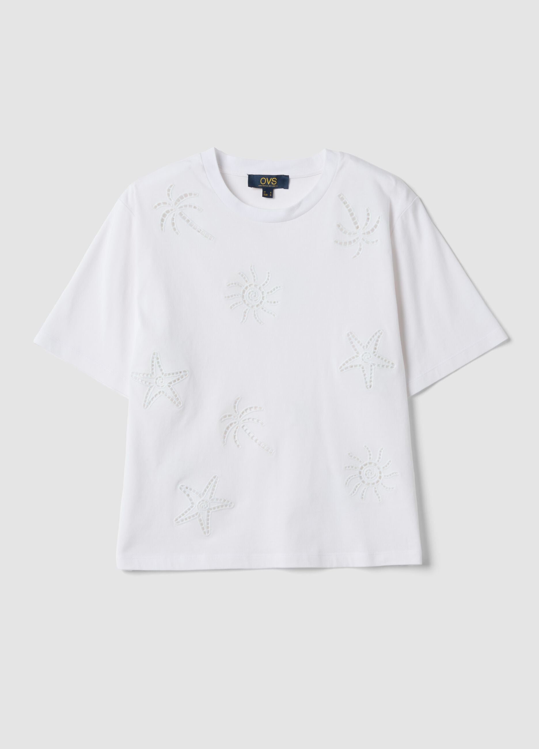 Wei&szlig;es T-Shirt aus reiner Baumwolle mit Lochstickerei, Regular Fit