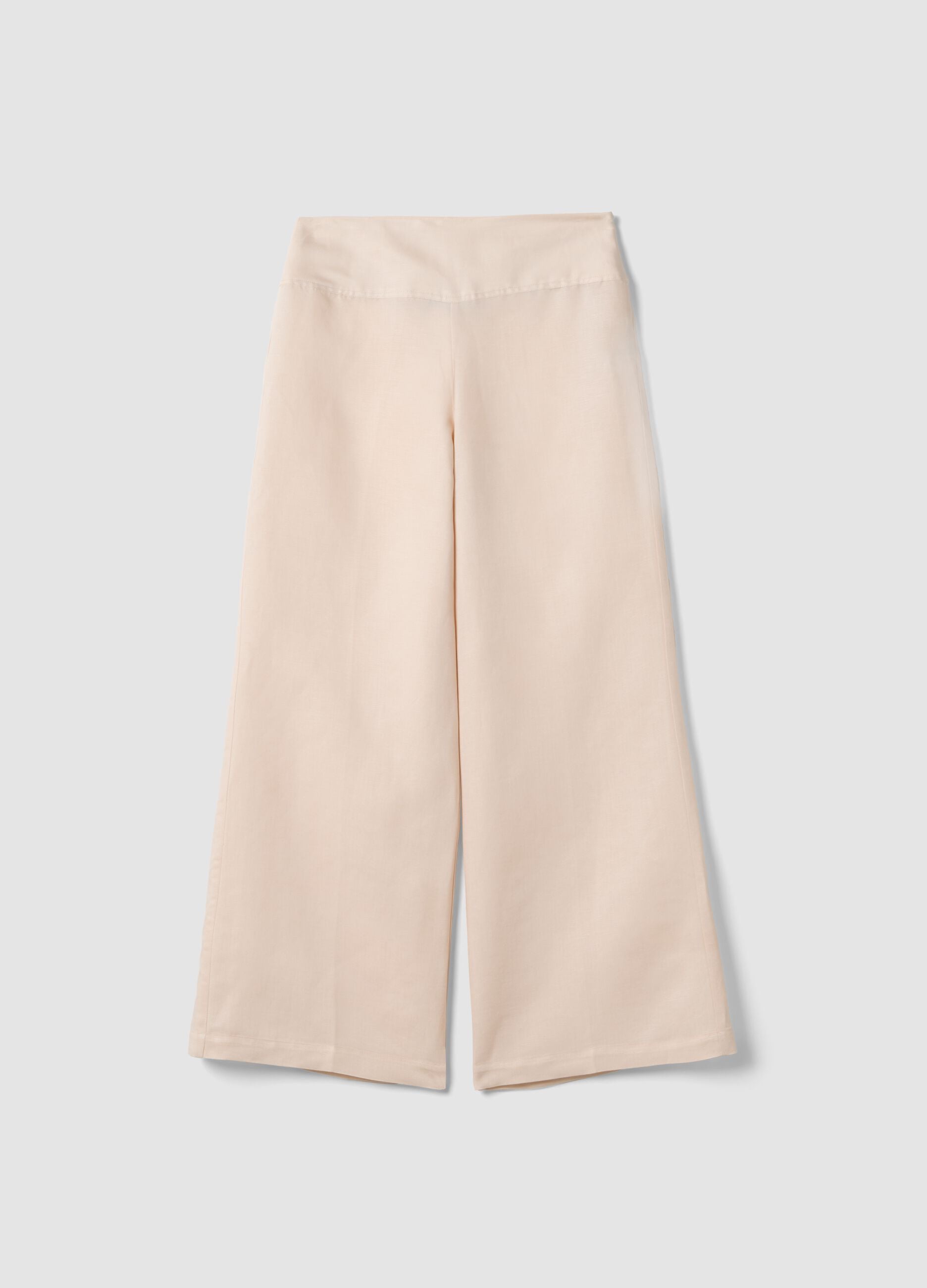 Pink linen-viscose blend wide-leg trousers with side zip fastening