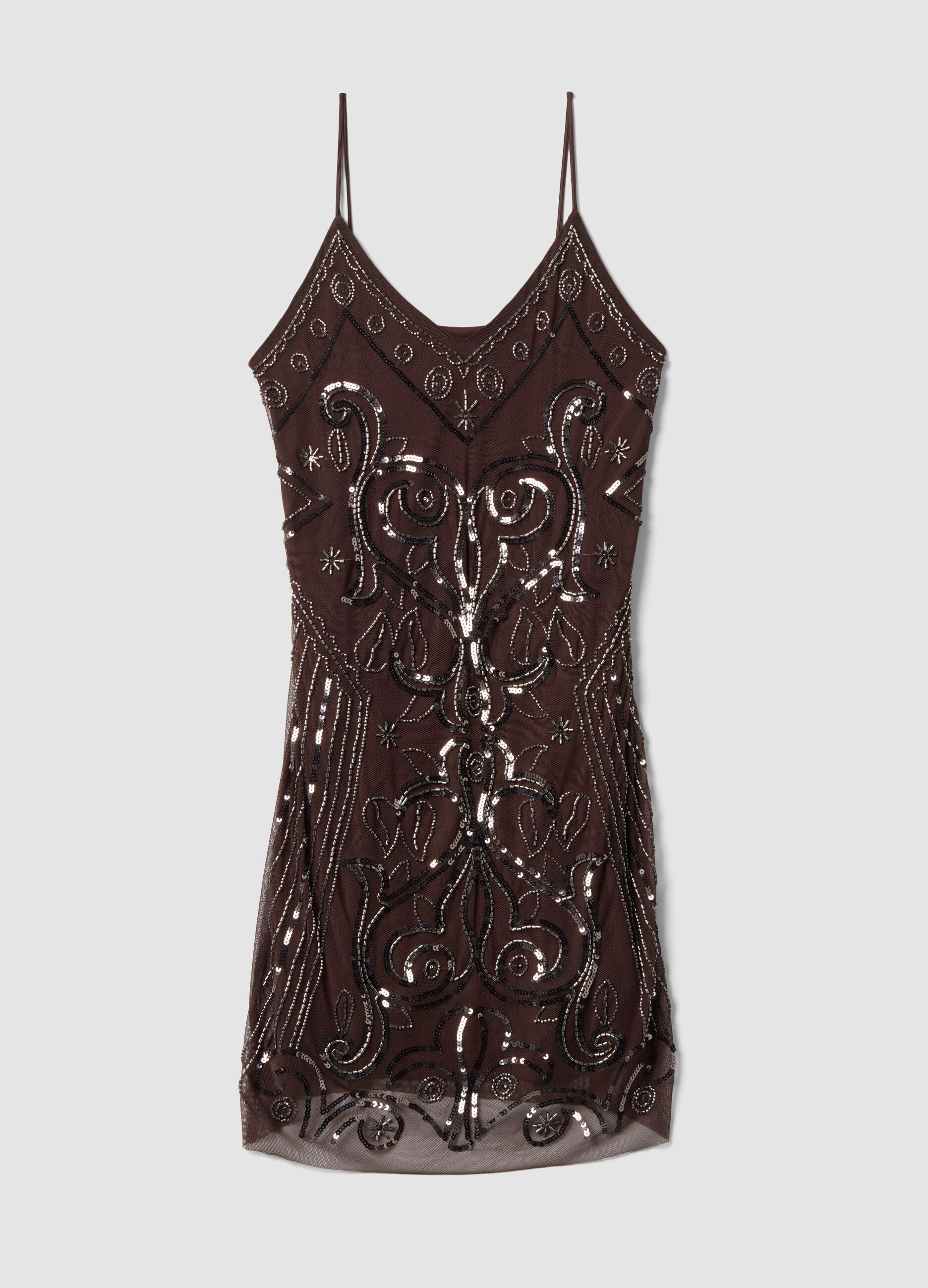Brown fitted stretch dress with sequins