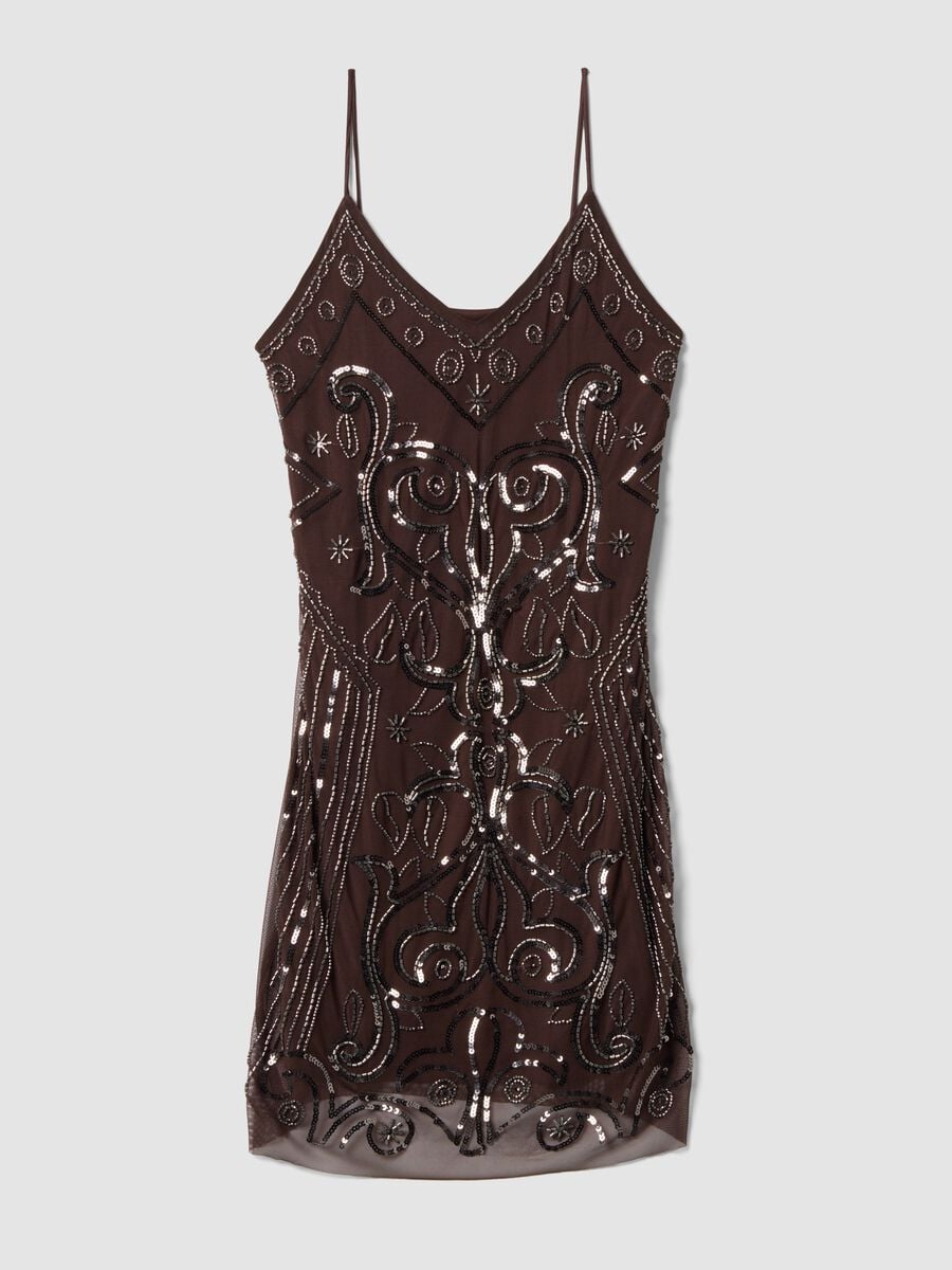 Brown fitted stretch dress with sequins_0